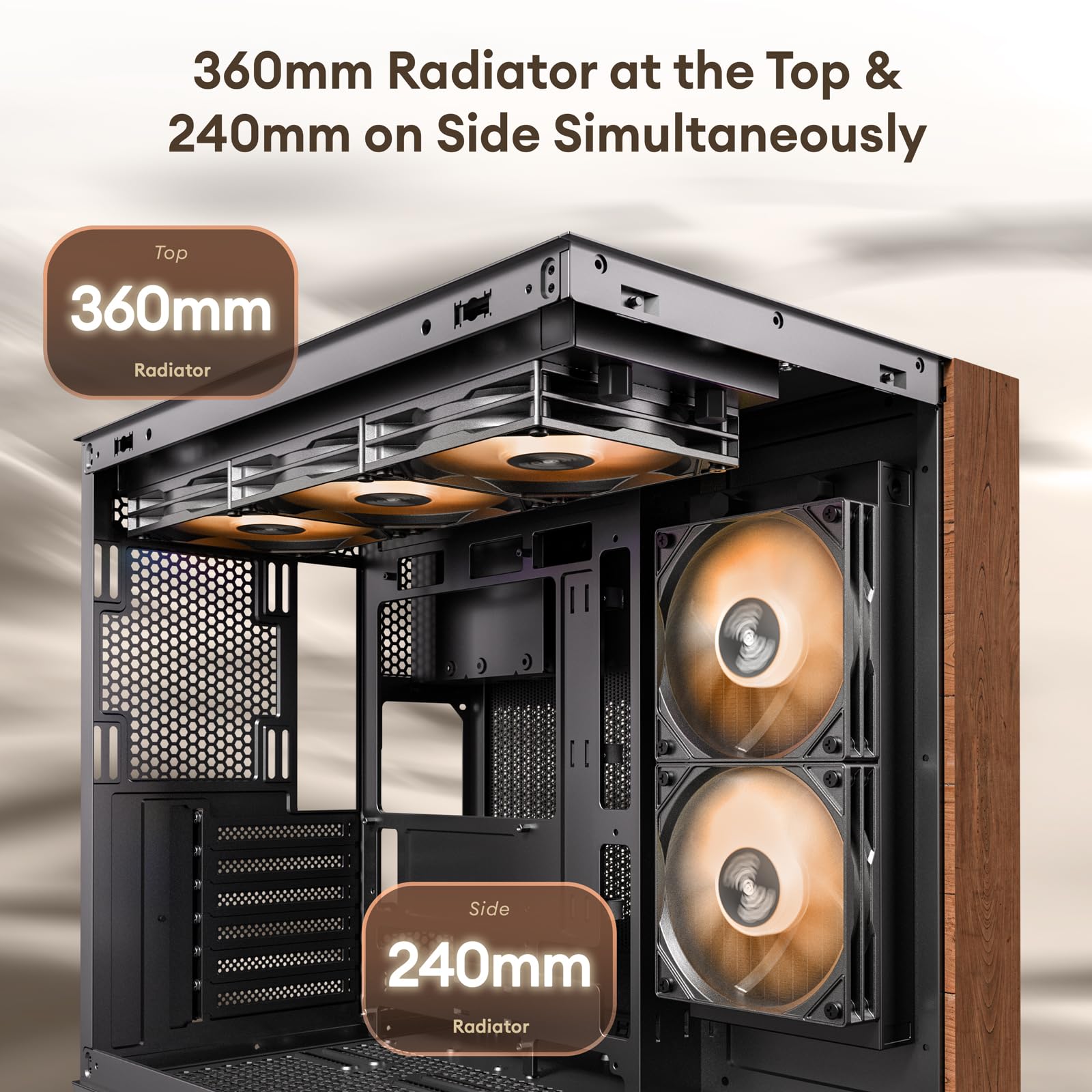 Premium Walnut Wood ATX Mid-Tower PC Case - 4 x 120mm ARGB PWM Fans Pre-Installed, USB Type-C Port, Tempered Glass Side Panel - Black Mirage 6 Gaming Computer Case for Home Office & Streaming Setup