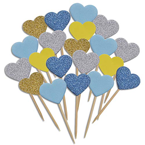 iMagitek 20pcs Blue Glitter Heart Cupcake Toppers - Cake Decorations for Baby Boy Birthday Party, Baby Shower, Wedding & Bridal Shower - Perfect for DIY Desserts, Cupcakes, Cookies & Sweet Treats