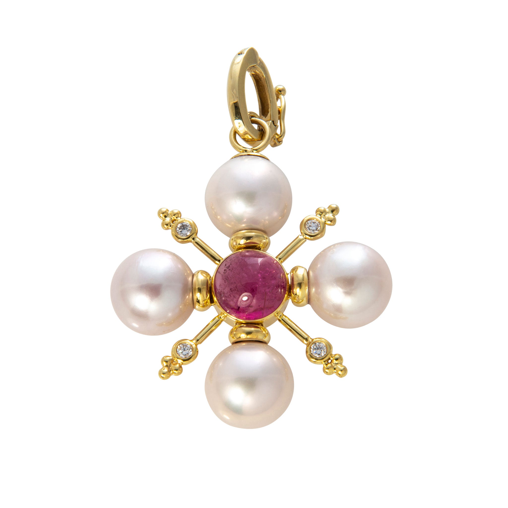 14K Gold Pink Tourmaline Diamond Pearl Cross Pendant Necklace - Elegant Religious Jewelry for Women, Perfect for Baptism, Confirmation & Everyday Wear