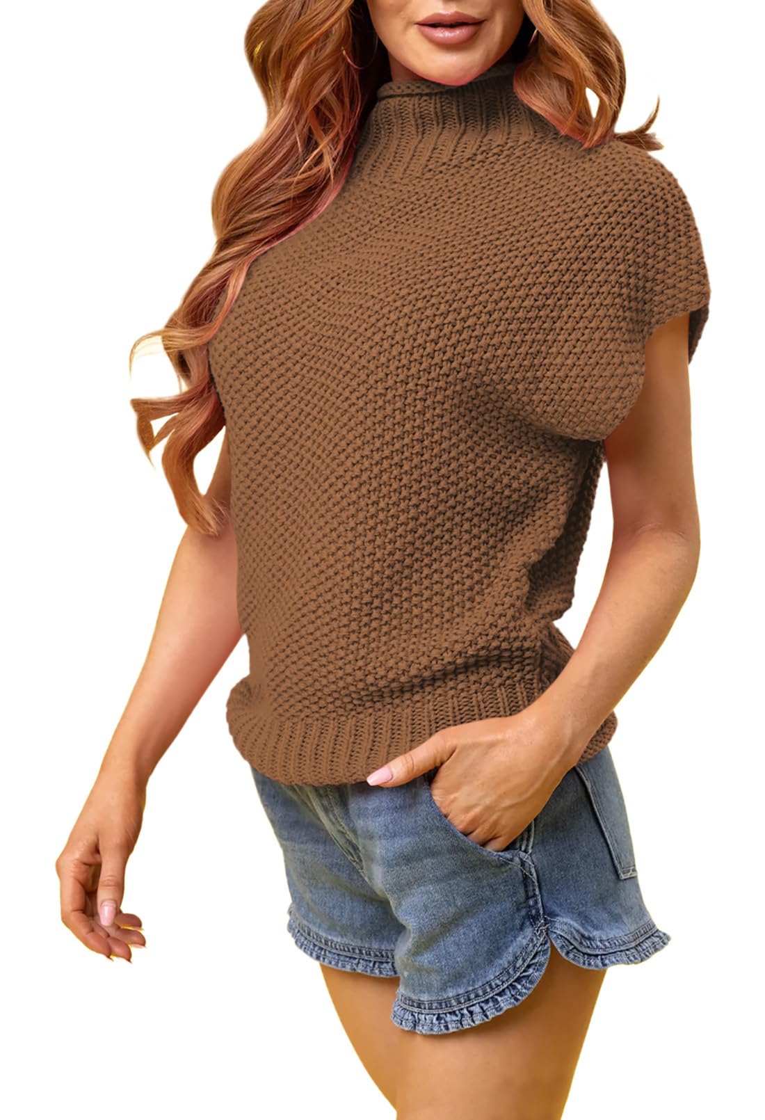 Pink Queen Women's 2025 Spring Mock Neck Sweater Vest - Cap Sleeve Pullover Knit Top for Casual Wear & Office Outfits
