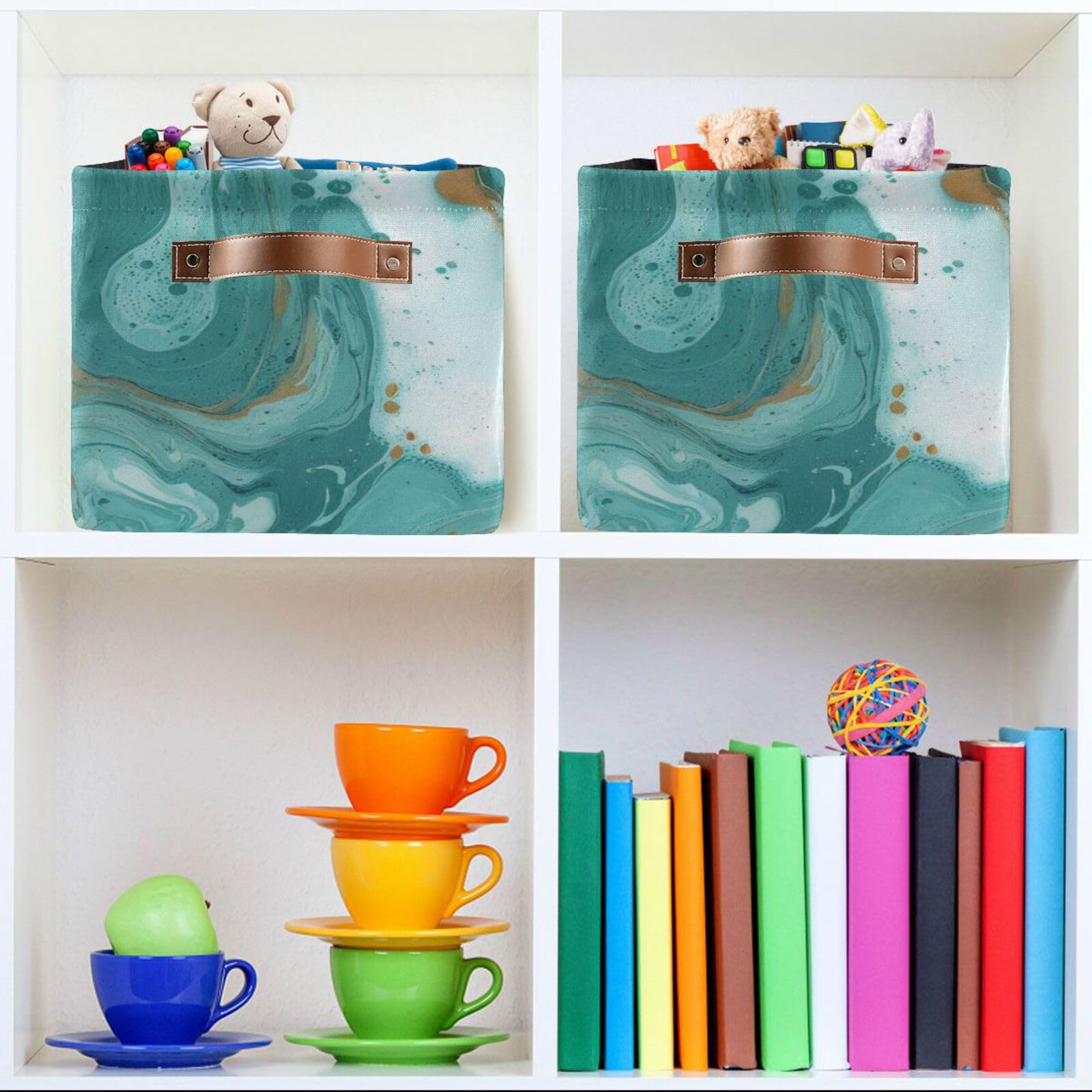Turquoise Marble Storage Baskets 2-Pack - Large 15x11x9.5 Inch Canvas Toy & Clothes Organizer Bin for Home, Office, Nursery & Bathroom Decor