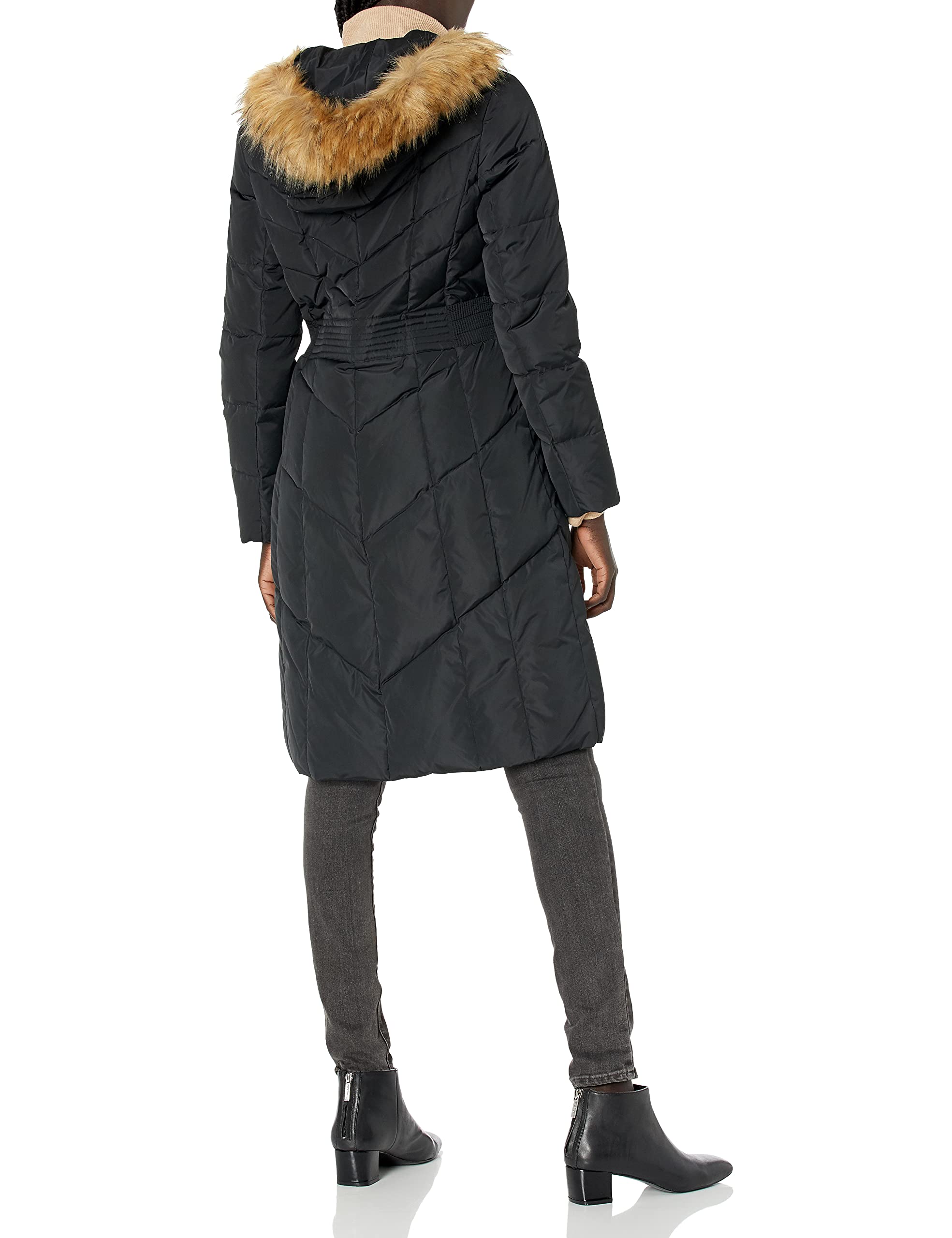 Cole Haan Women's Long Taffeta Down Coat with Chevron Quilt Pattern - Warm Winter Jacket for Casual Outings & City Commutes