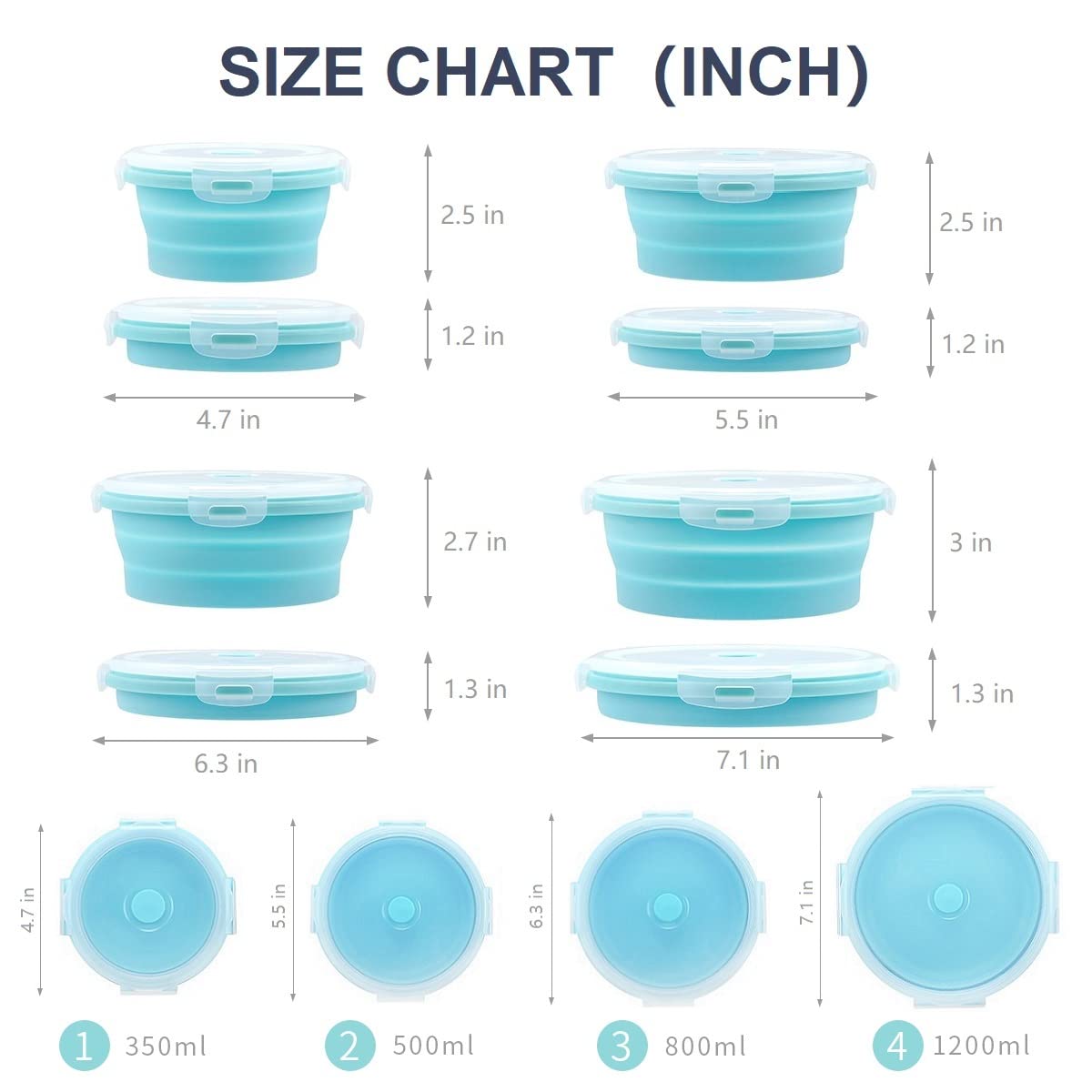4-Pack Collapsible Silicone Food Storage Bowls with Lids - Space Saving Camping & RV Kitchen Essentials for Travel Trailers, Compact Storage Solution for Outdoor Adventures, Picnics & Home Organization (Blue)