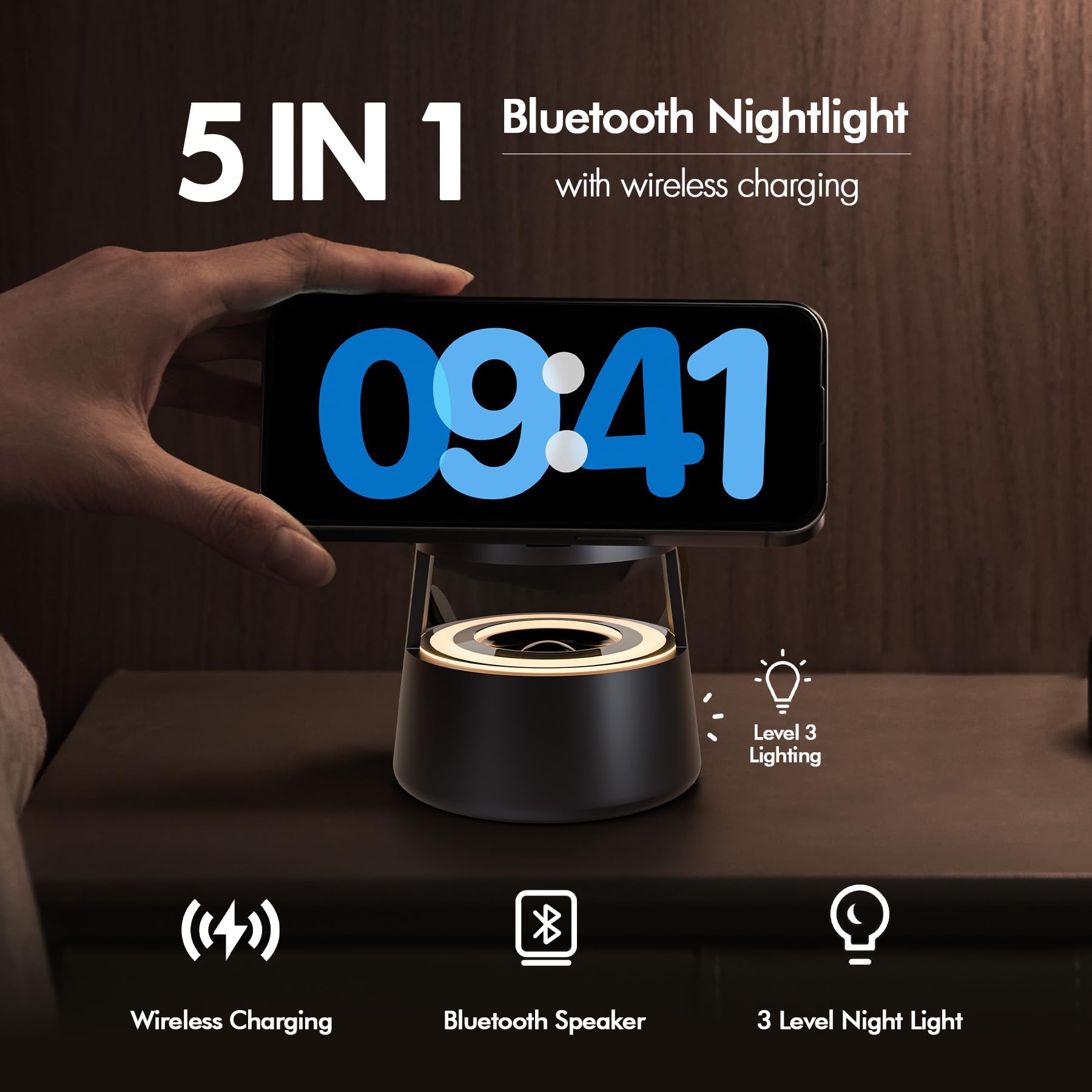5-in-1 MagSafe Wireless Charging Station with Bluetooth Nightlight - Fast Charging for iPhone 16/15/14/13/12 Pro Max, Apple Watch Ultra 10/9/8/7/6 & AirPods Pro 4/3/2 - Compact Travel Stand for Bedroom, Office & Nighttime Charging