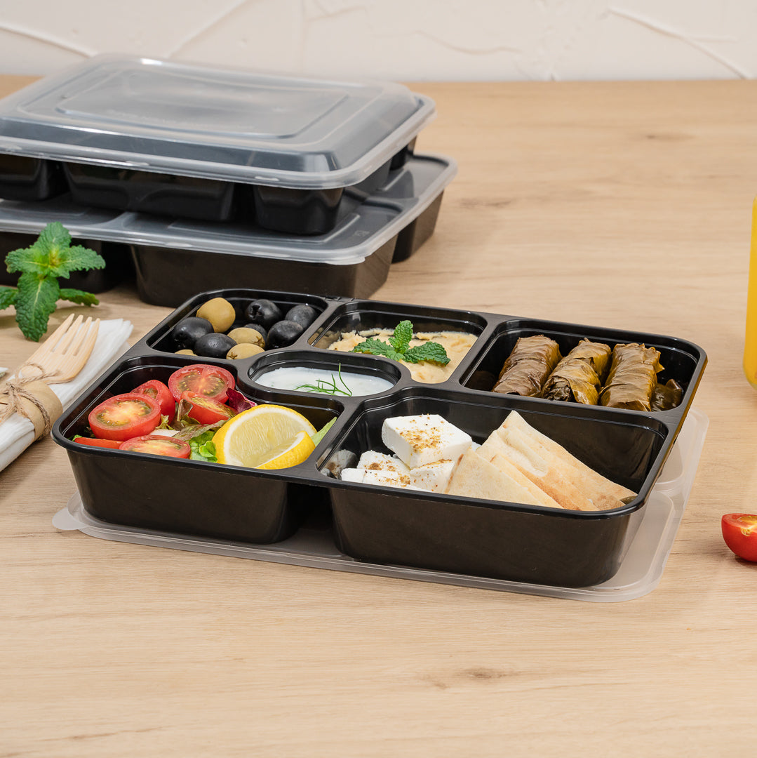 53 oz Black Plastic 6-Compartment Food Storage Container with Clear Lid - Microwave Safe (9.75