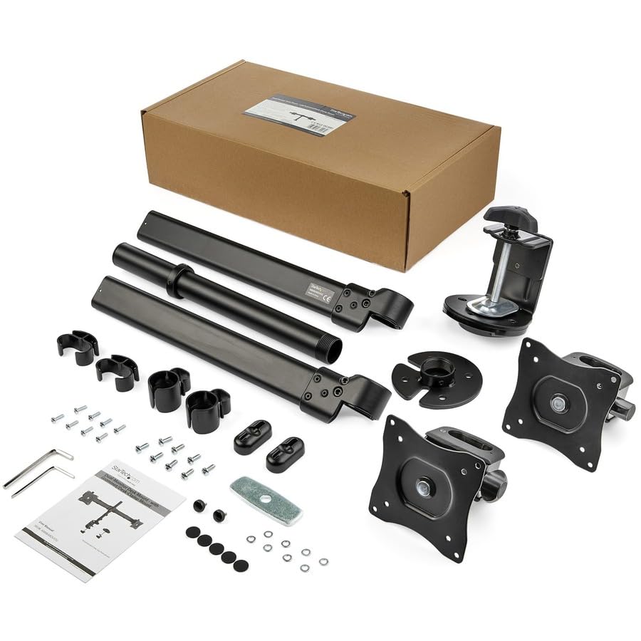 StarTech.com Dual Monitor Mount Stand for 13'' to 27'' Screens - Adjustable VESA Desk Mount with Clamp & Grommet Hole Installation - Ergonomic Dual Monitor Arm for Home Office & Gaming Setup (Black, ARMBARDUOG) - Perfect for Workspace Organization & Multi-Tasking