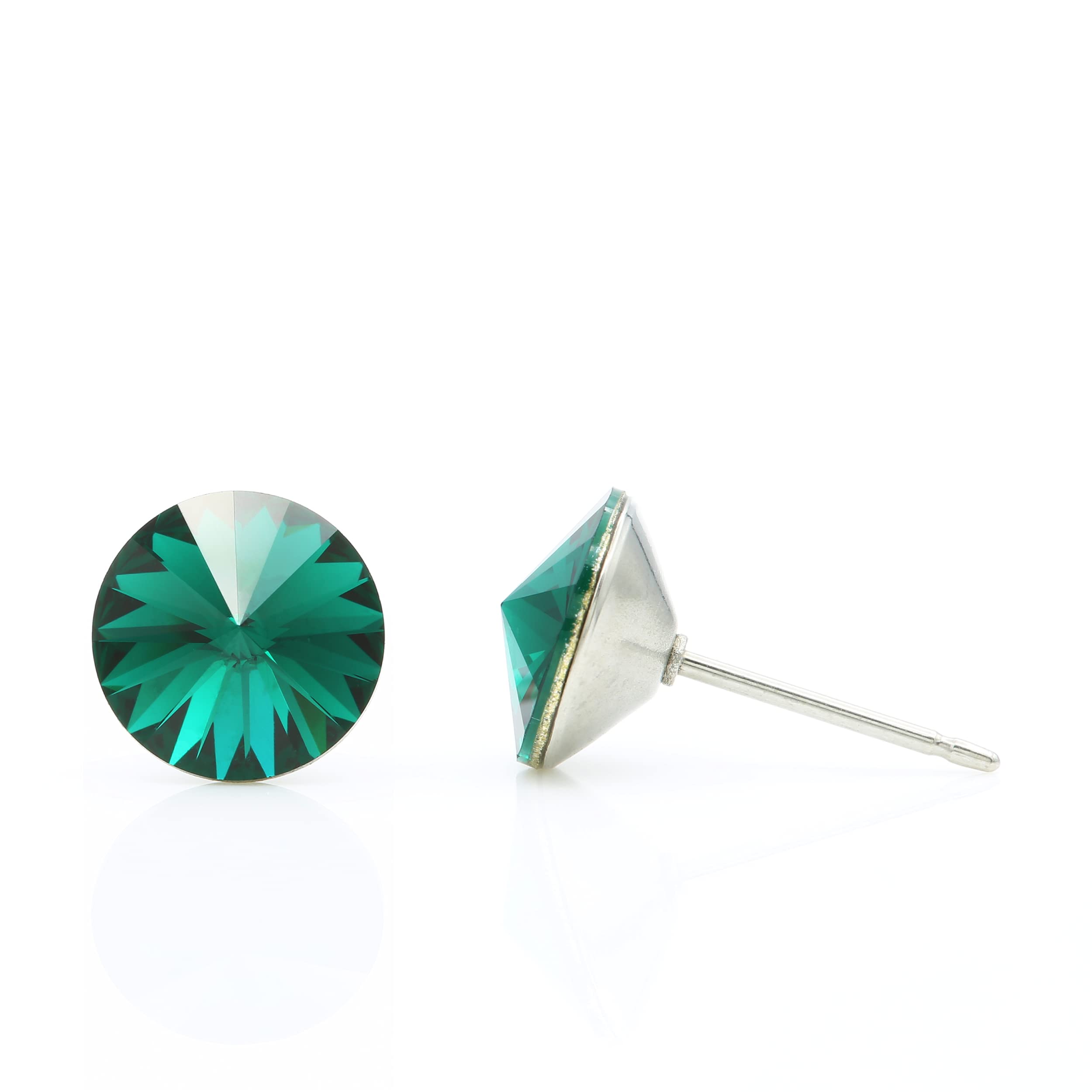 8mm Round Emerald Green Rivoli Crystal Stud Earrings – Hypoallergenic Sparkling Jewelry Gift for Women | Perfect for Parties, Weddings & Everyday Elegance