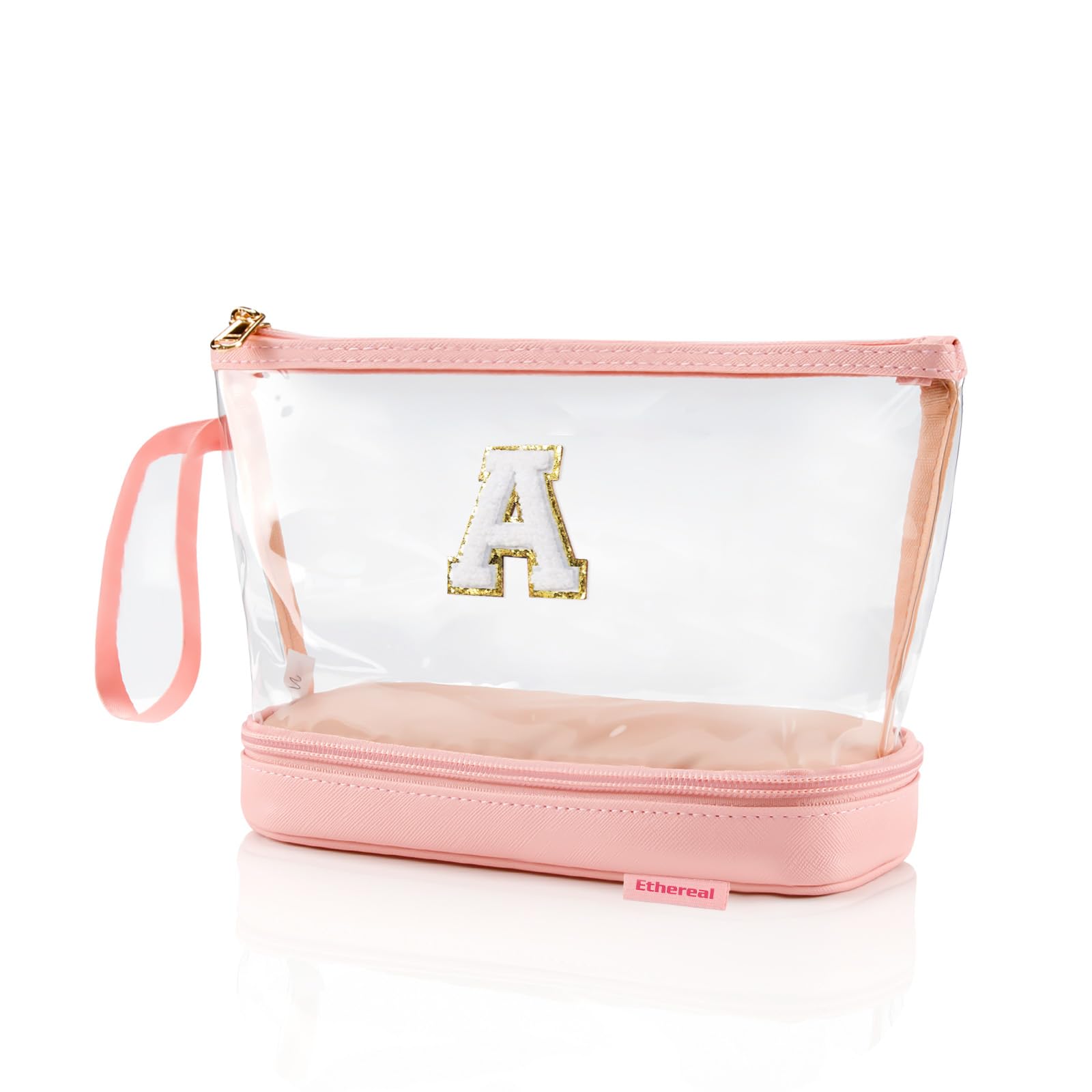 Personalized Initial Makeup Bag - Small Clear Zippered Cosmetic Pouch, Waterproof PU Leather Brush Organizer (Pink) | Perfect for Travel, Gym & Daily Essentials Storage