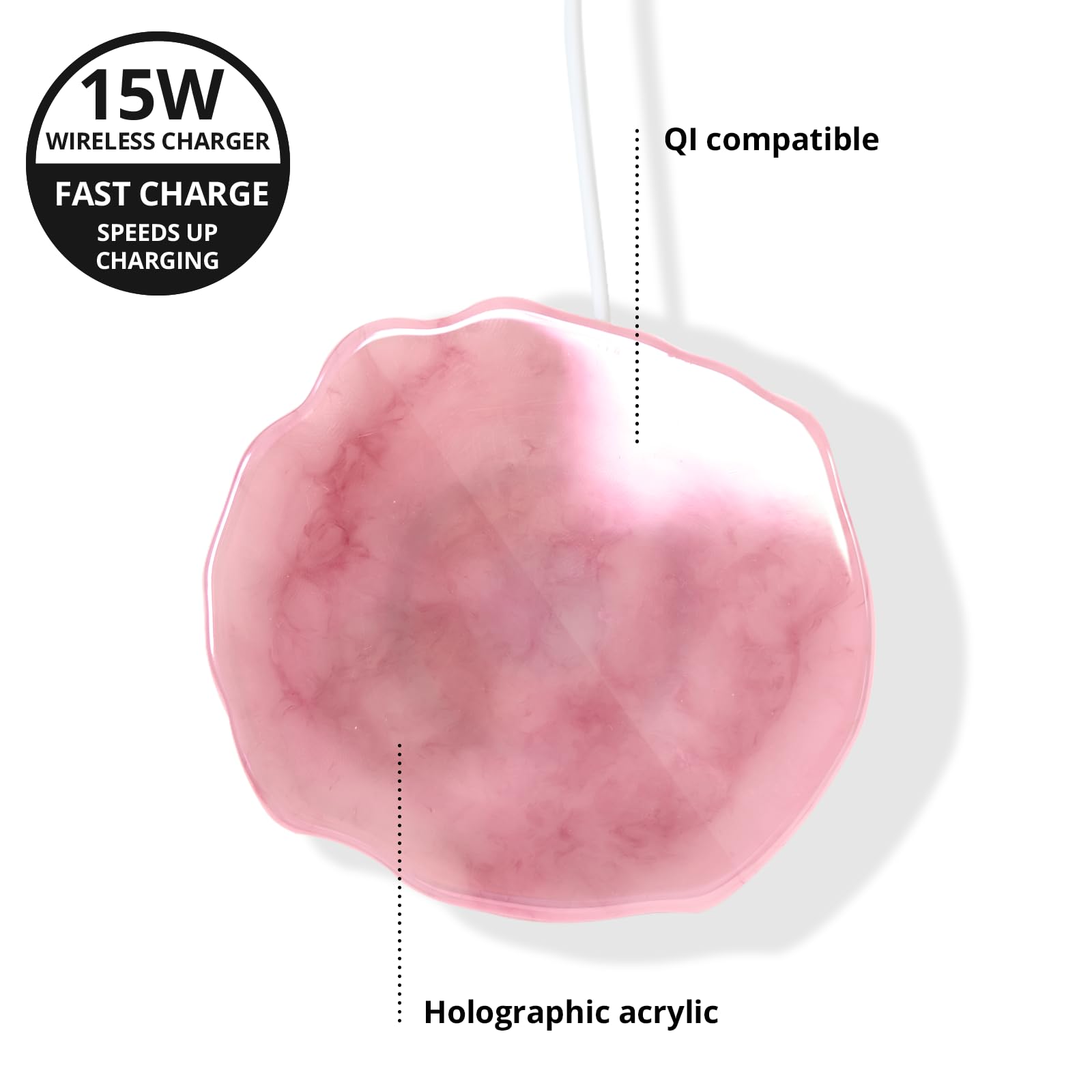 Ellie Rose Crystal Wireless Charger - Fast Charging Pad with Agate Gemstone for iPhone, Samsung Galaxy, Note & More - Rose Quartz Holographic - Perfect for Home, Office & Travel