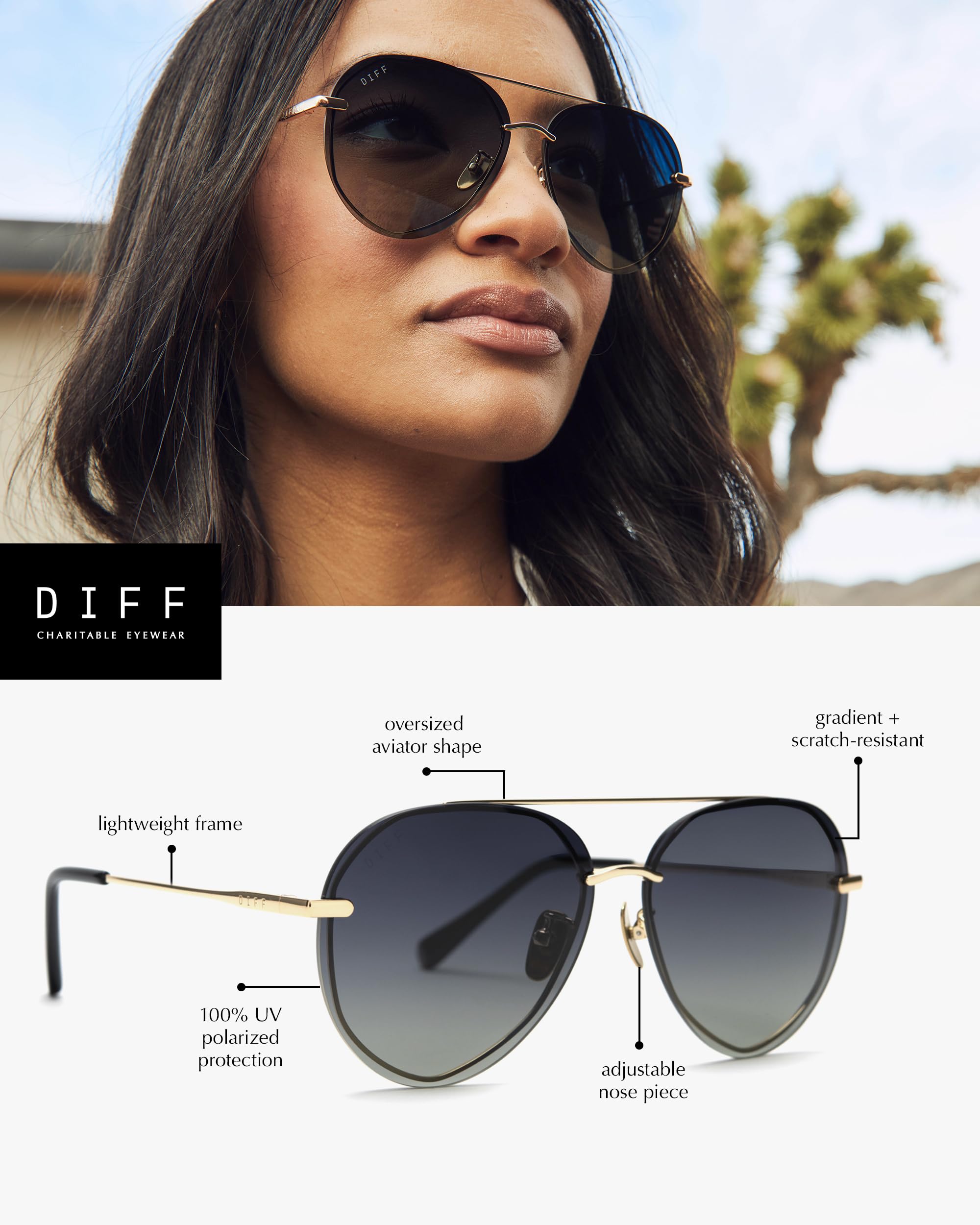 DIFF Lenox Polarized Designer Oversized Aviator Sunglasses for Women - UV400 Protection, Gold Stainless Steel Frames - Perfect for Driving, Beach & Outdoor Activities