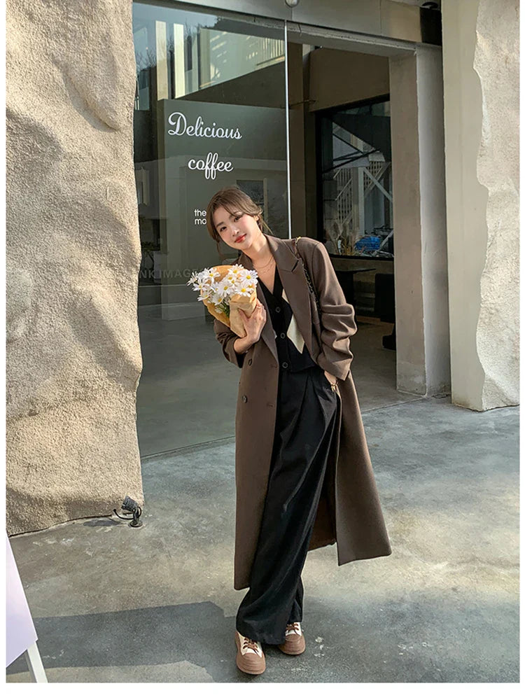 Women's Autumn Long Coffee Flowy Blazer Coat - Double Breasted Loose Casual Korean Fashion Overcoat with High Back Slit | Perfect for Office Wear, Date Nights & Fall Layering 2024