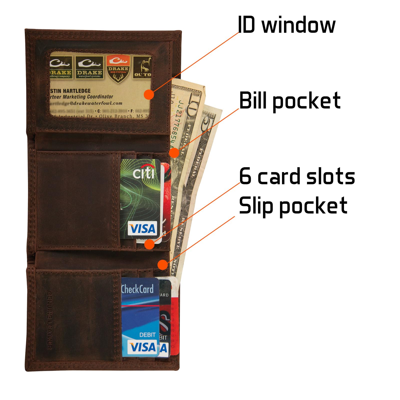 Drake DA7005-LEA Genuine Leather Tri-Fold Wallet for Men - Brown RFID Blocking Bifold Wallet with Multiple Card Slots & ID Window - Perfect for Everyday Use, Travel, and Business (One Size Fits Most)