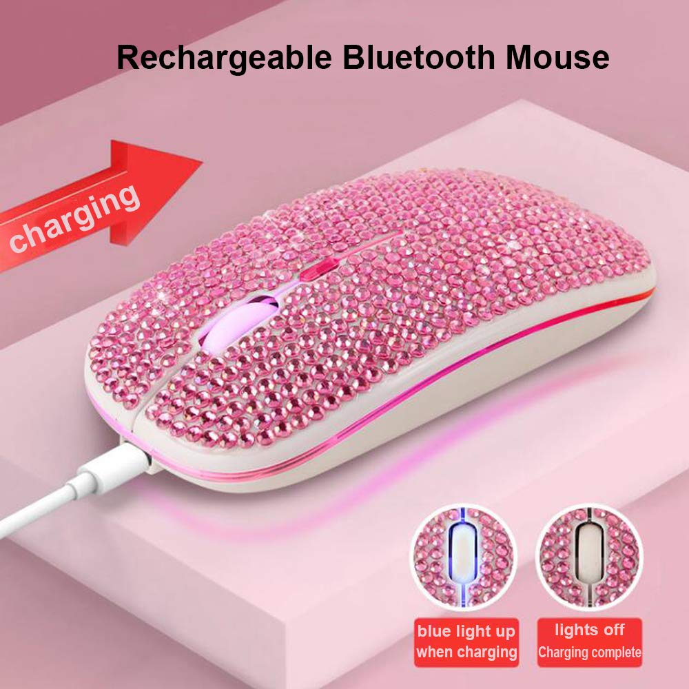 Wireless Bluetooth Mouse with USB Receiver - 2.4GHz Rechargeable Slim Mouse for Laptop, PC, MacBook - Sparkling Pink Design - Perfect Gift for Women & Girls (Home, Office, Travel Use)