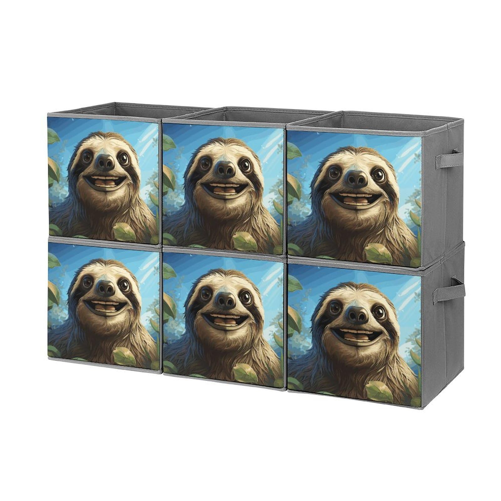 6PCS Collapsible Storage Bins with Handles - Funny Sloth Printed Organizers for Shelves & Home