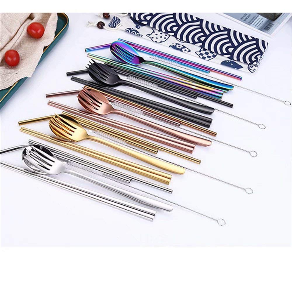 5-Piece Portable Stainless Steel Travel Cutlery Set - Reusable 304 Stainless Steel Fork, Spoon, Chopsticks & Straws with Case - Perfect for Camping, Picnics, Office Lunch & On-the-Go Meals