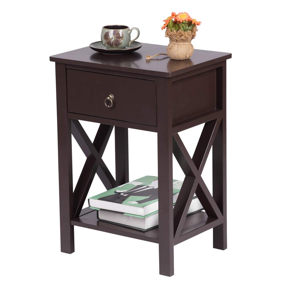 Modern X-Design Nightstand with Drawer & Storage Shelf - Simple End Table for Bedroom, Living Room, Sofa or Couch Side - Perfect Accent Table for Home Furniture & Coffee Table Use