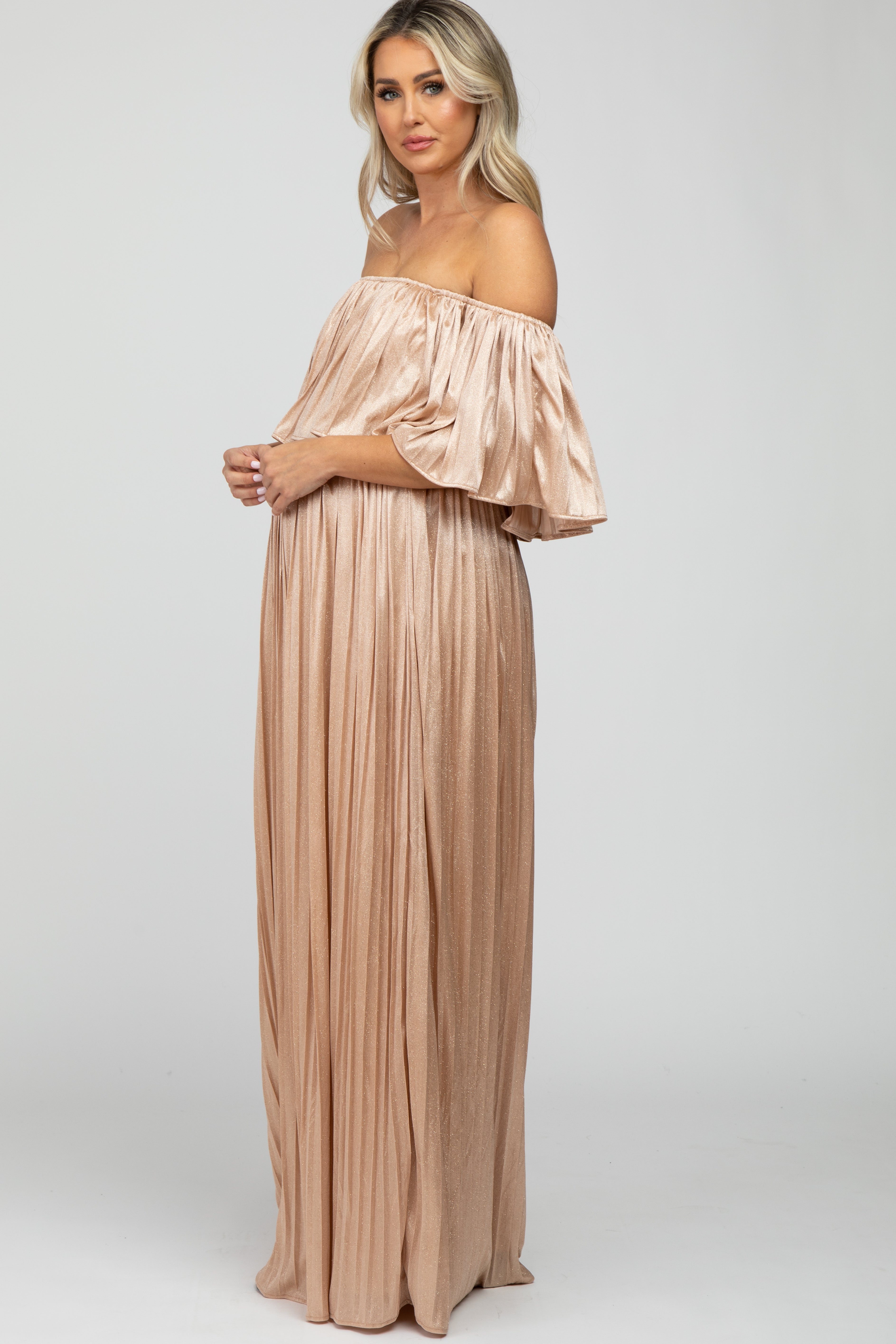 Beige Shimmer Off Shoulder Pleated Maternity Maxi Dress for Pregnancy, Nursing & Special Occasions | Comfortable Stretchy Fabric for Baby Showers, Weddings & Photoshoots