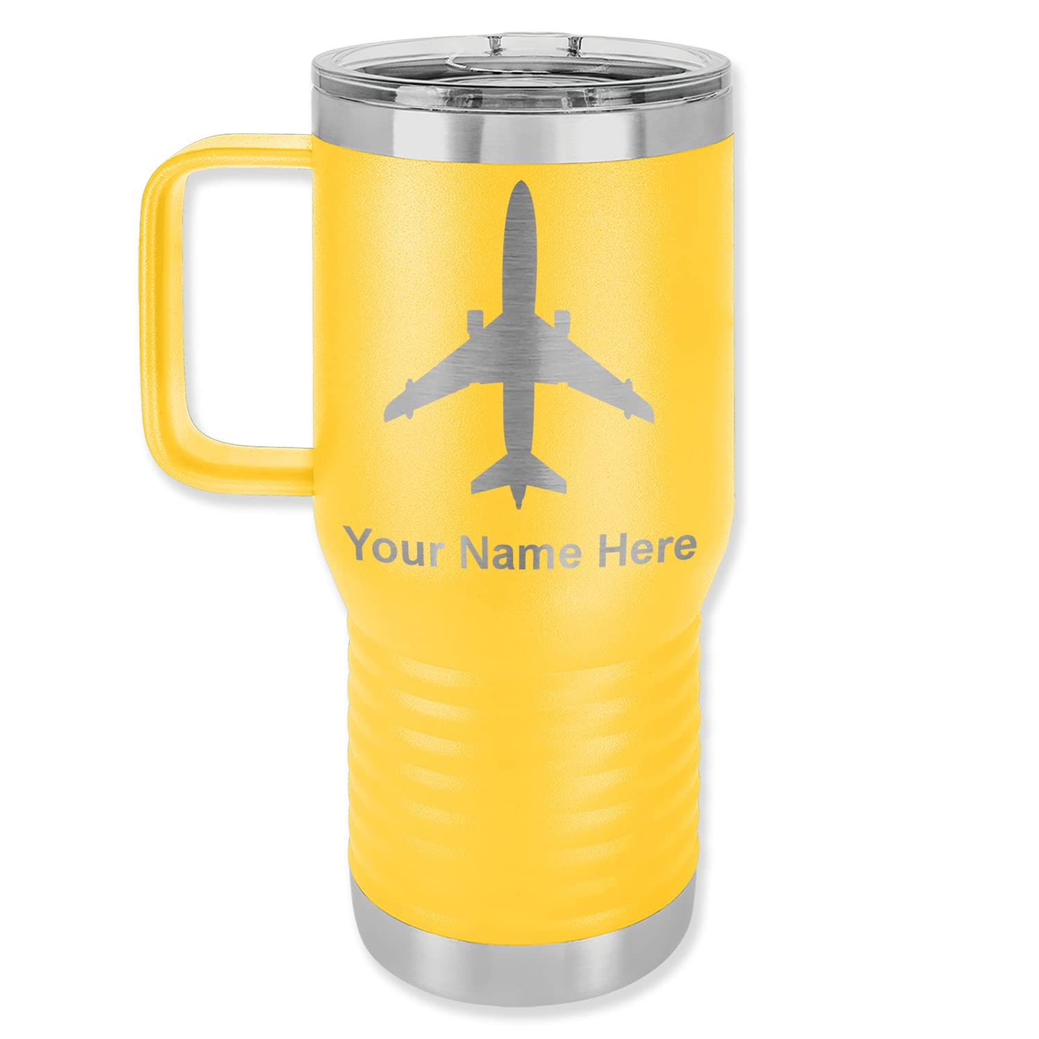 LaserGram 20oz Vacuum Insulated Stainless Steel Travel Mug with Handle - Leak Proof, Keeps Drinks Hot/Cold for Hours - Custom Engraving, Jet Airplane Design (Yellow) - Perfect for Commuting, Office, Travel & Outdoor Activities
