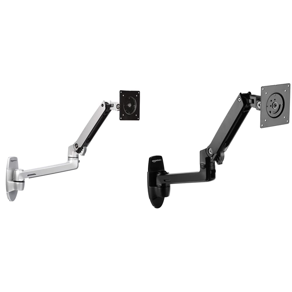 Amazon Basics Adjustable Wall Mount Monitor Stand - Silver & Black Aluminum Lift Engine Arm for Computer Screens & TVs - Perfect for Home Office, Gaming, and Workspace Setup