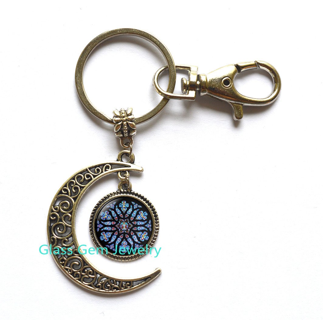 Gothic Rose Window Moon Key Ring - Catholic & Christian Jewelry - Gothic Cathedral Style Moon Keychain - Perfect for Gothic Lovers, Churchgoers & Unique Gift Ideas (Q0213-Y1)
