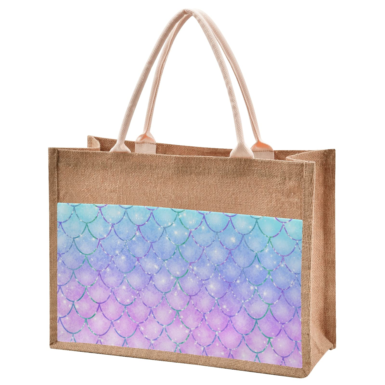 CaTaKu Mermaid Fish Scales Purple Jute Tote Bag with Zipper - Large 17