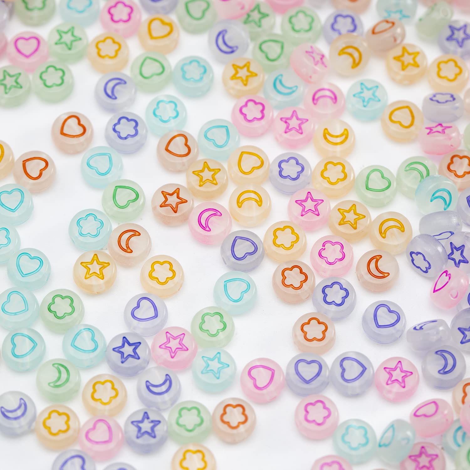 500 Pcs Glow in The Dark Acrylic Beads - Stars, Moon, Hearts & Petals for DIY Jewelry Making, Bracelets & Necklaces - Perfect for Kids Crafts, Party Favors & Nighttime Decor