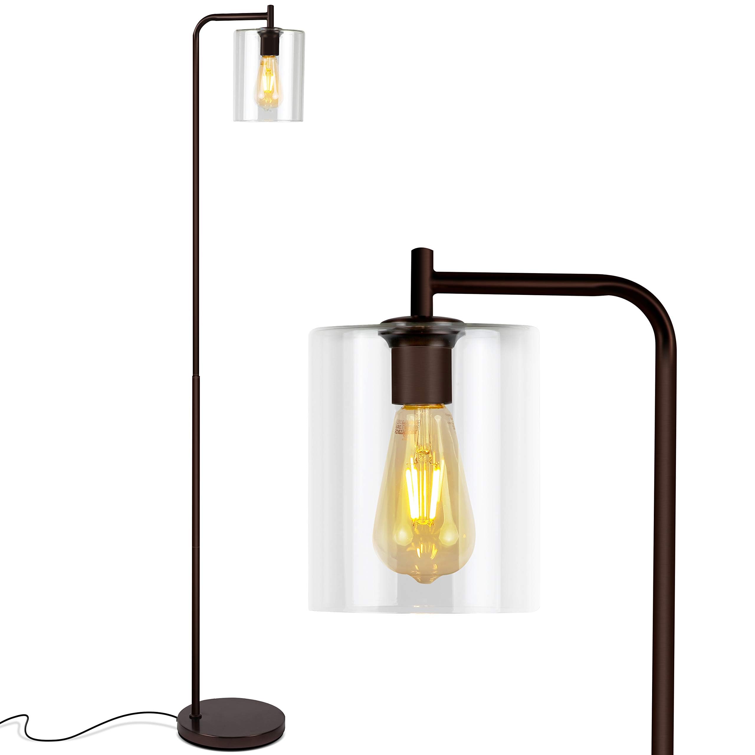 Brightech Elizabeth Vintage Industrial LED Floor Lamp with Glass Shade & Edison Bulb - Tall Standing Light for Living Room, Bedroom, Office - Farmhouse & Rustic Style Bronze Finish - Perfect for Reading Nook, Home Office Lighting, and Cozy Living Spaces