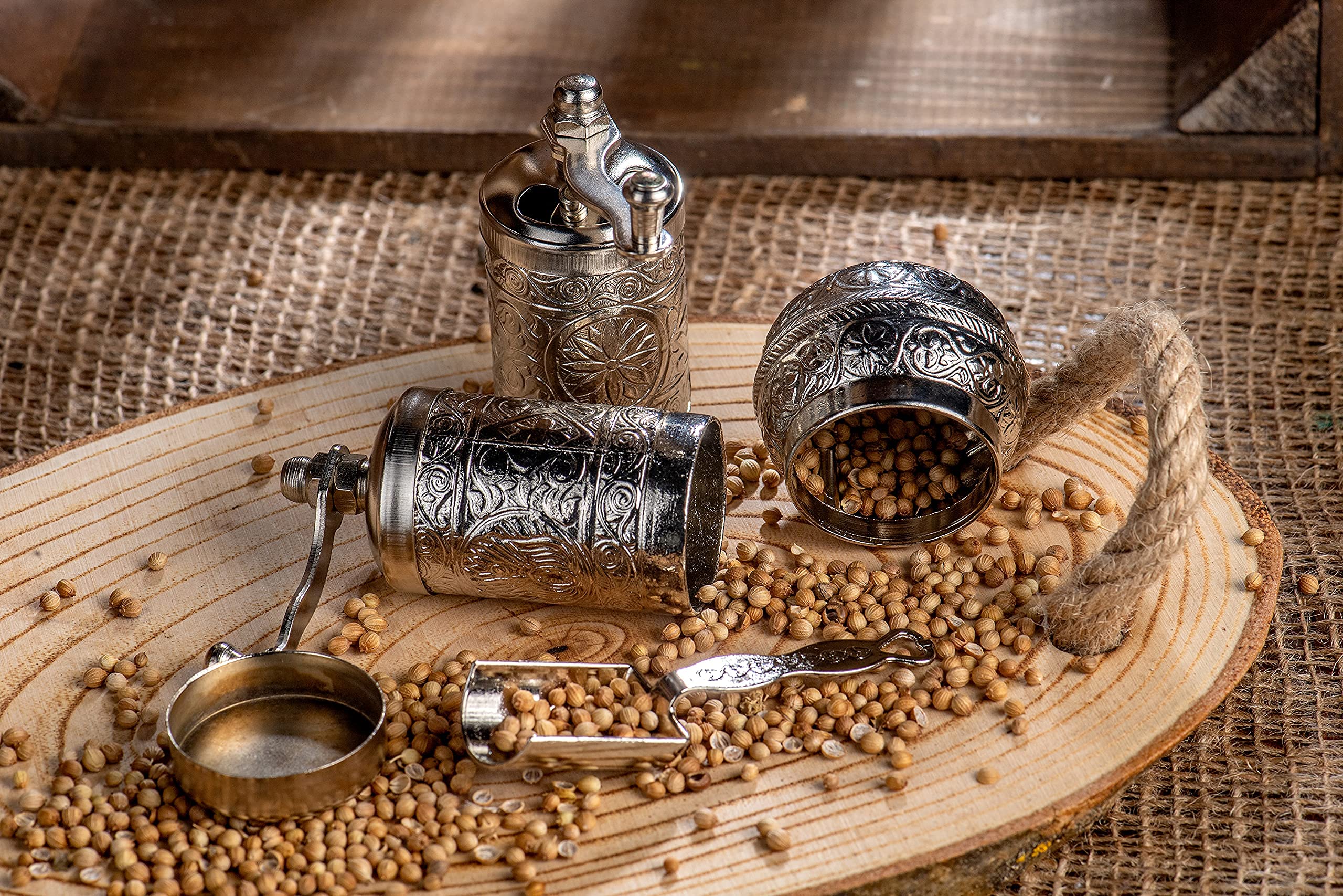 Premium 4-Piece Herb & Spice Grinder Set - Manual Crank Handle Mill for Pepper, Salt & Seasonings - Durable Stainless Steel (Bright Silver) - Perfect for Kitchen, Camping & Travel