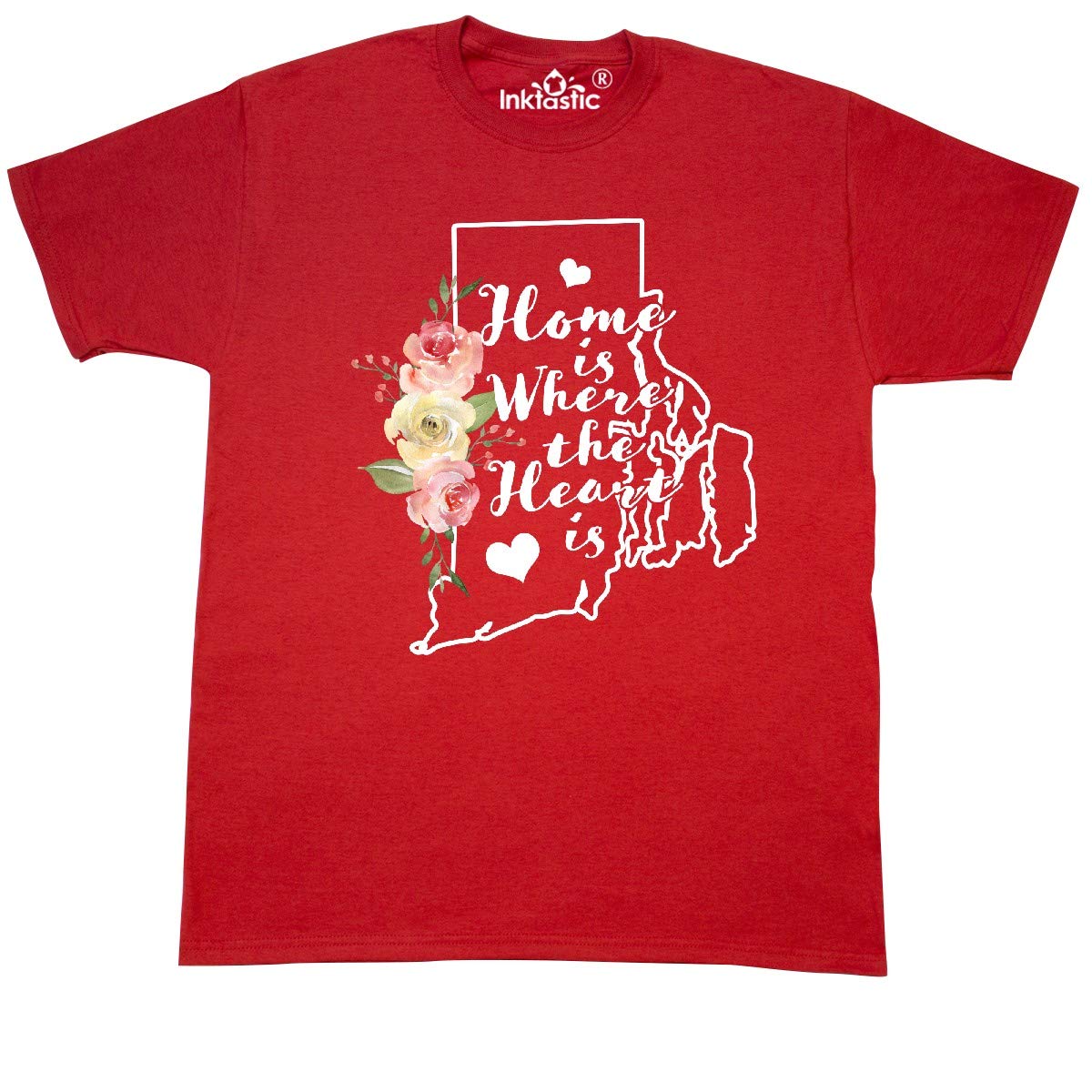 Inktastic Rhode Island Home is Where The Heart is with Watercolor Floral T-Shirt - Soft Cotton Graphic Tee for Women - Perfect for Casual Wear, Travel & State Pride Gifts