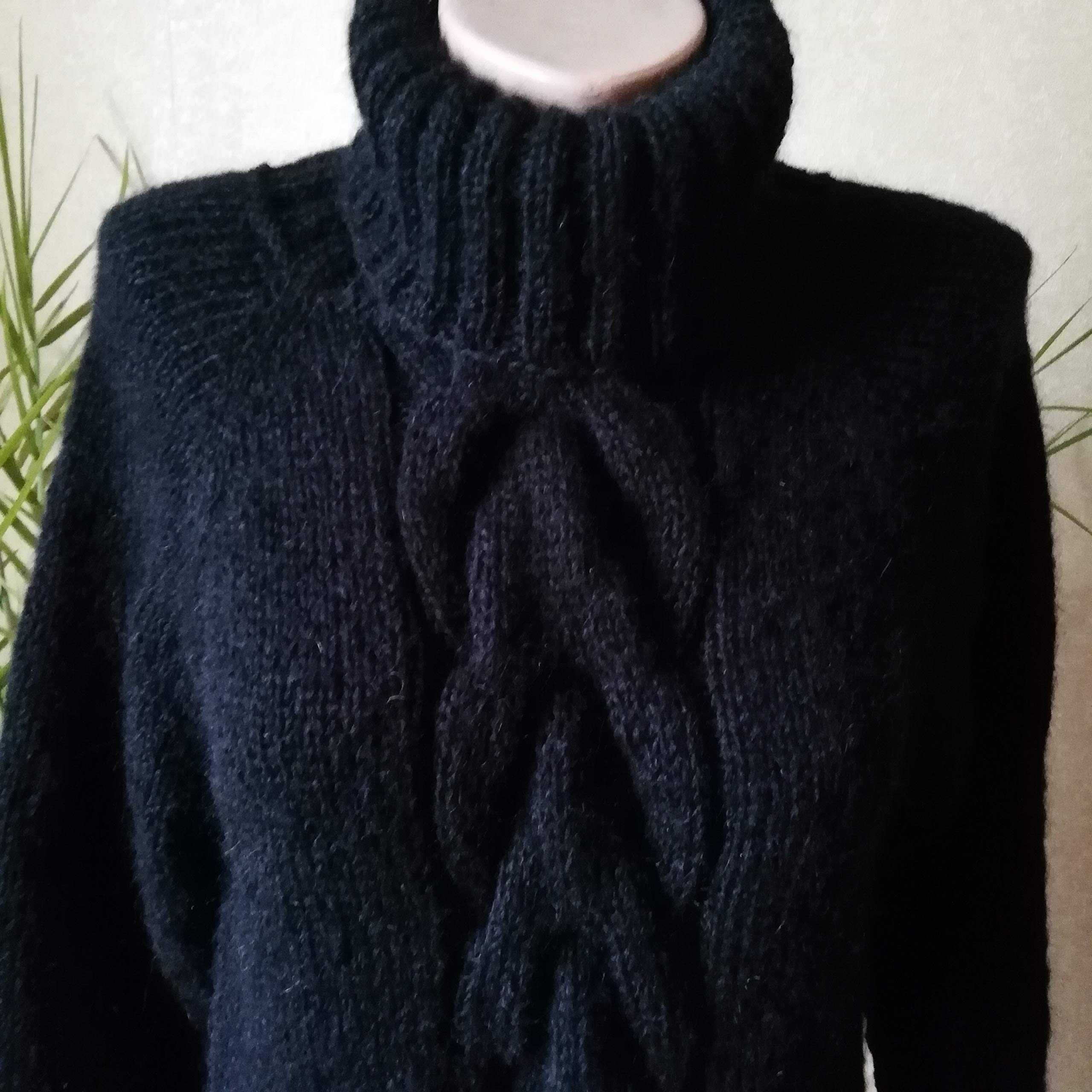 Black Mohair Knitted Sweater Dress for Women - Extra Long Handmade Winter Pullover with Collar | Perfect for Holiday Parties, Date Nights & Office Wear