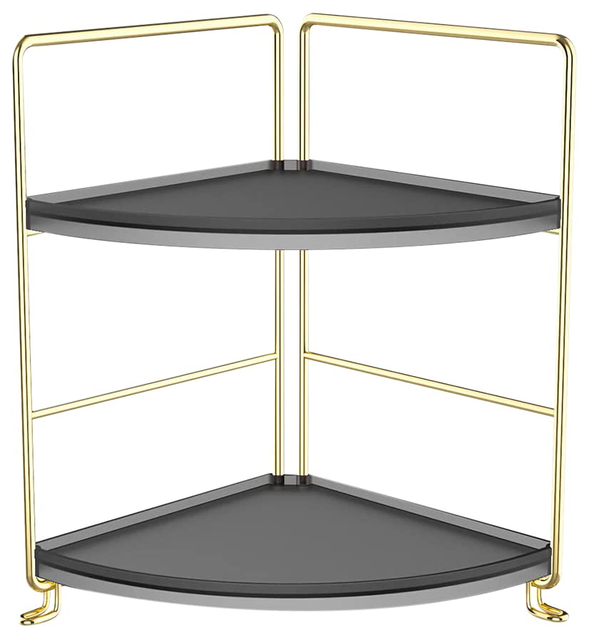 2-Tier Spice Rack Corner Shelf - Stackable Bathroom & Kitchen Organizer for Makeup, Cosmetics, Spices | Space-Saving Countertop Storage for Vanity, Counter, Pantry (Gold + Black) - Perfect for Small Spaces & Clutter-Free Organization