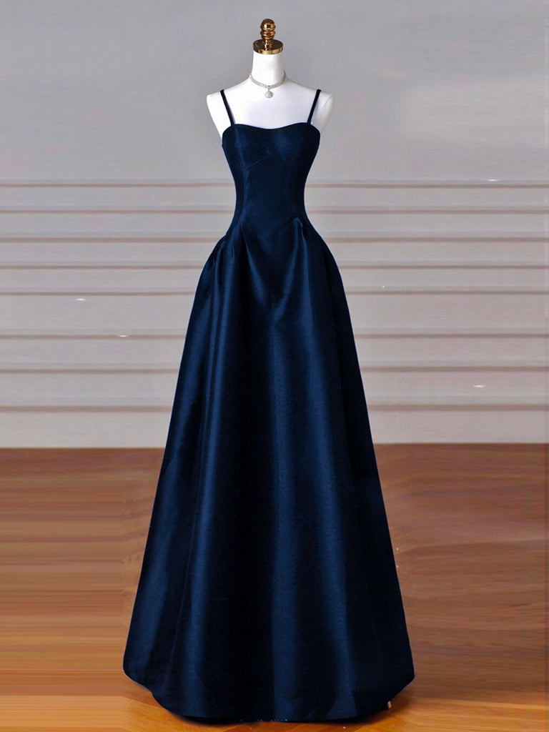 Elegant Dark Blue Satin A-Line Long Prom Dress for Women - Formal Evening Gown for Homecoming, Wedding Guest & Special Occasions