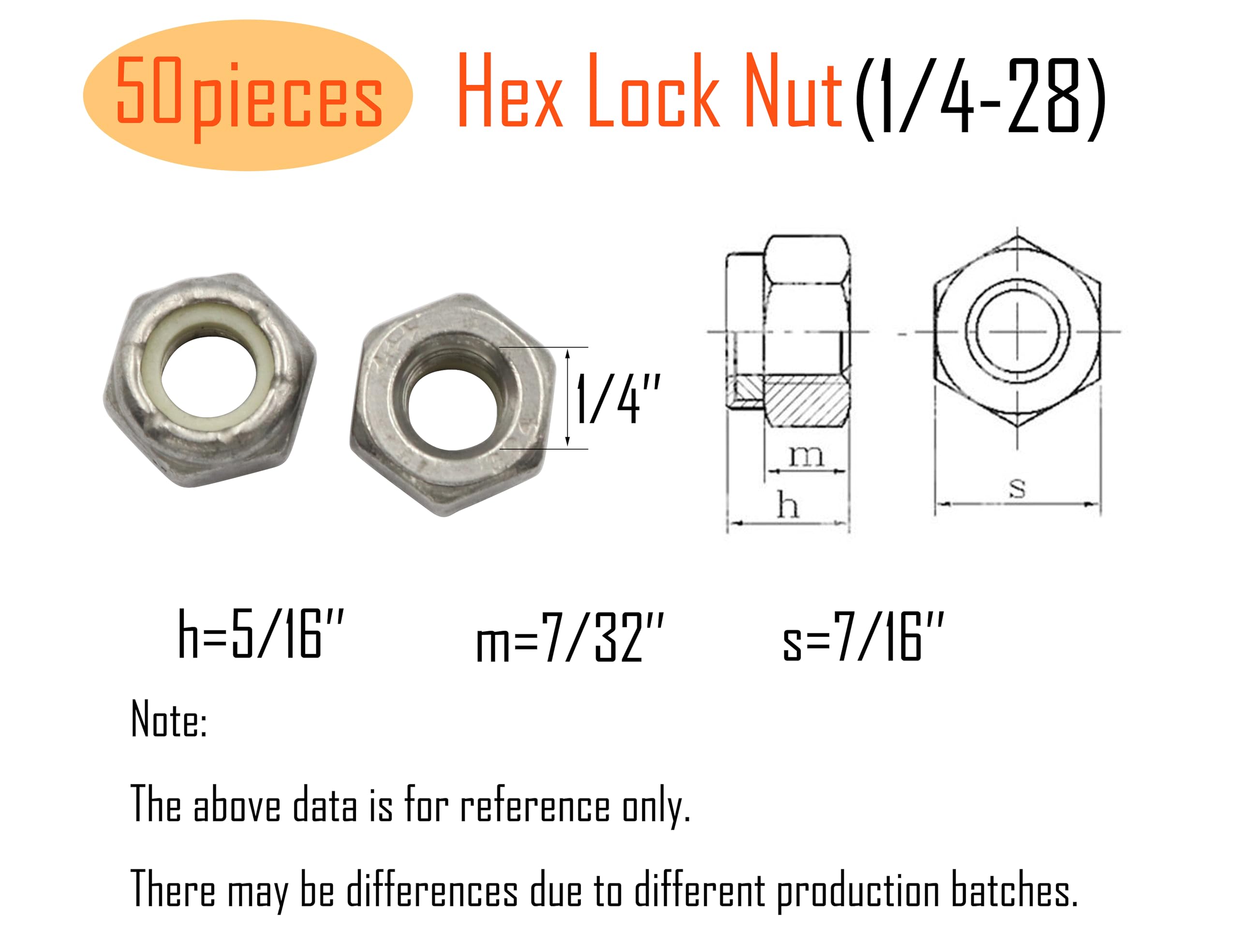 50pcs 1/4-28 Nylon Insert Hex Lock Nuts, 304 Stainless Steel Silver Locking Nuts - Vibration Resistant for Automotive, Machinery & DIY Projects