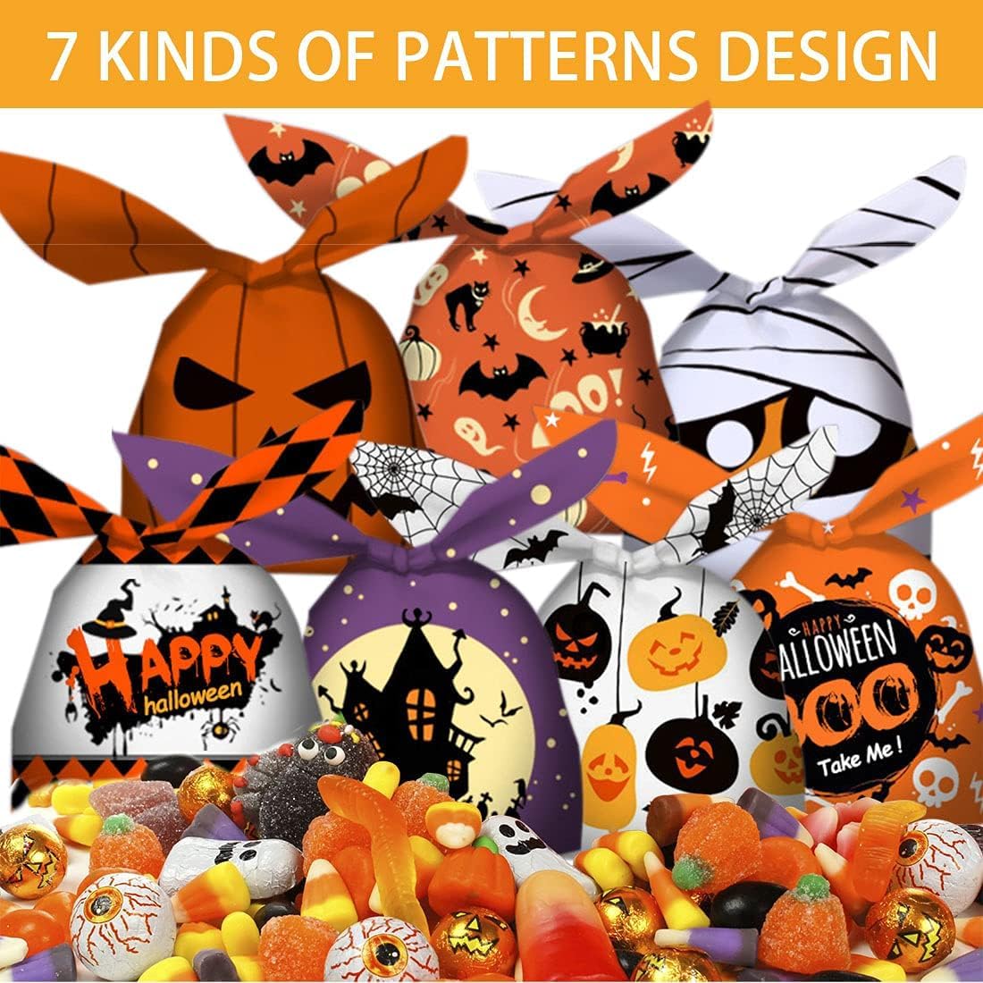 100PCS Halloween Treat Bags - 7 Fun Designs Plastic Candy Bags for Kids Trick or Treat | Halloween Party Favors, Goodie Bags & Party Supplies | Perfect for Classroom Treats, Neighborhood Halloween Events & Costume Parties