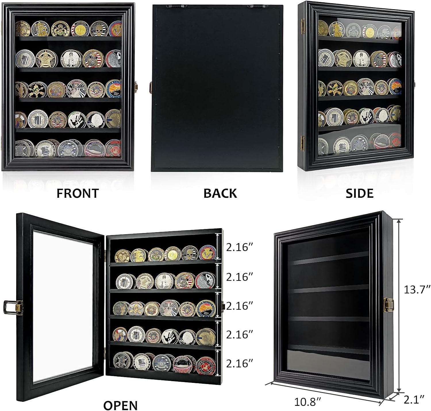 NobaeCrs Military Challenge Coin Display Case - Wooden Coin Stand Rack with HD Toughened Glass, Wall Mount & Removable 2-Shelf Design (Black) - Perfect for Collectors, Veterans, and Office Decor