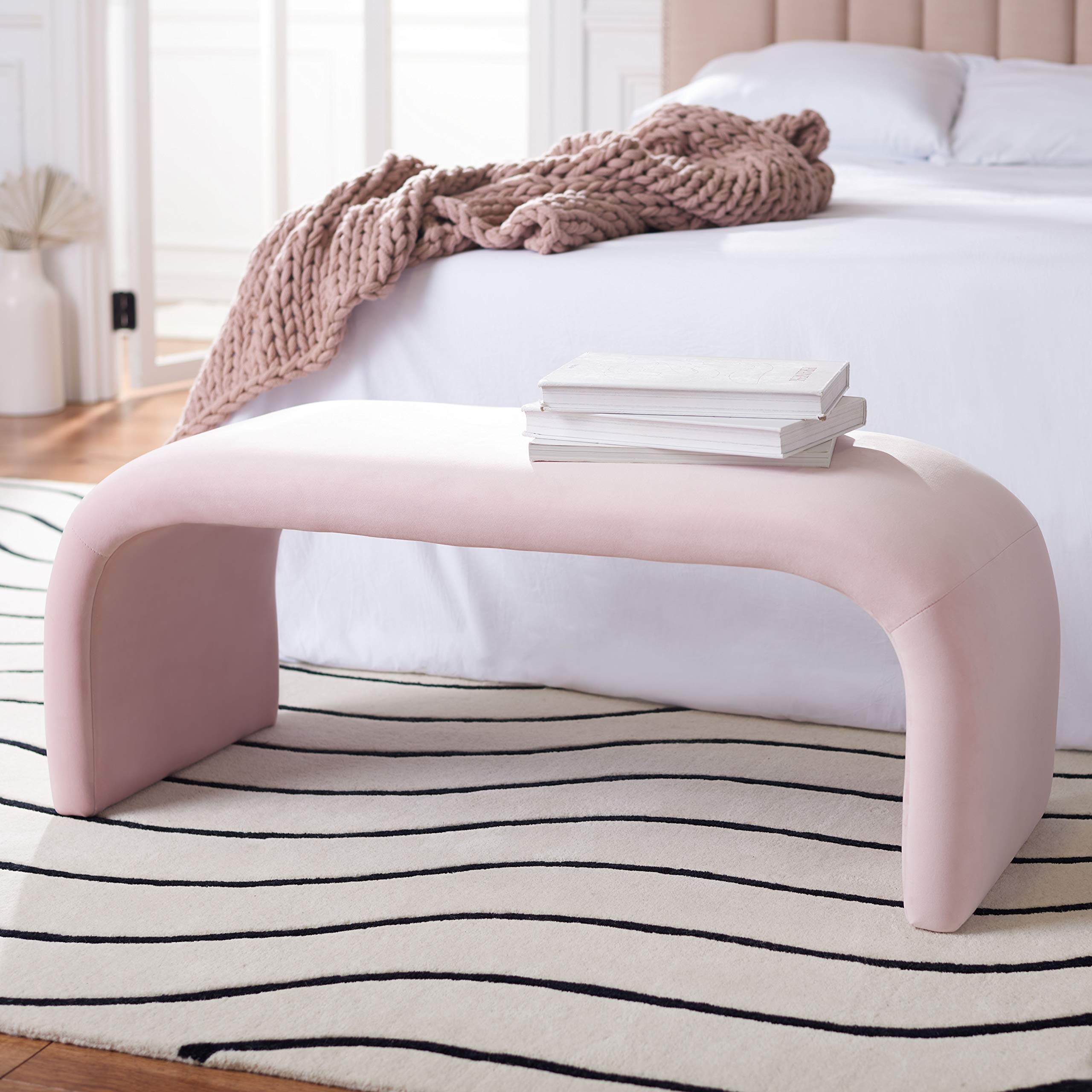 SAFAVIEH Tenko Modern Light Pink Velvet Bench - Fully Assembled Upholstered Seat with Wooden Legs (BCH1300C) - Perfect for Bedroom, Living Room & Entryway Decor