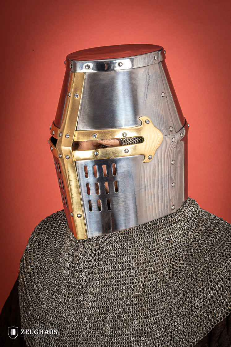 Medieval Crusader Great Helmet 1.6mm Steel with Brass Accents - Authentic Knight Armor for LARP, Cosplay & Historical Reenactment