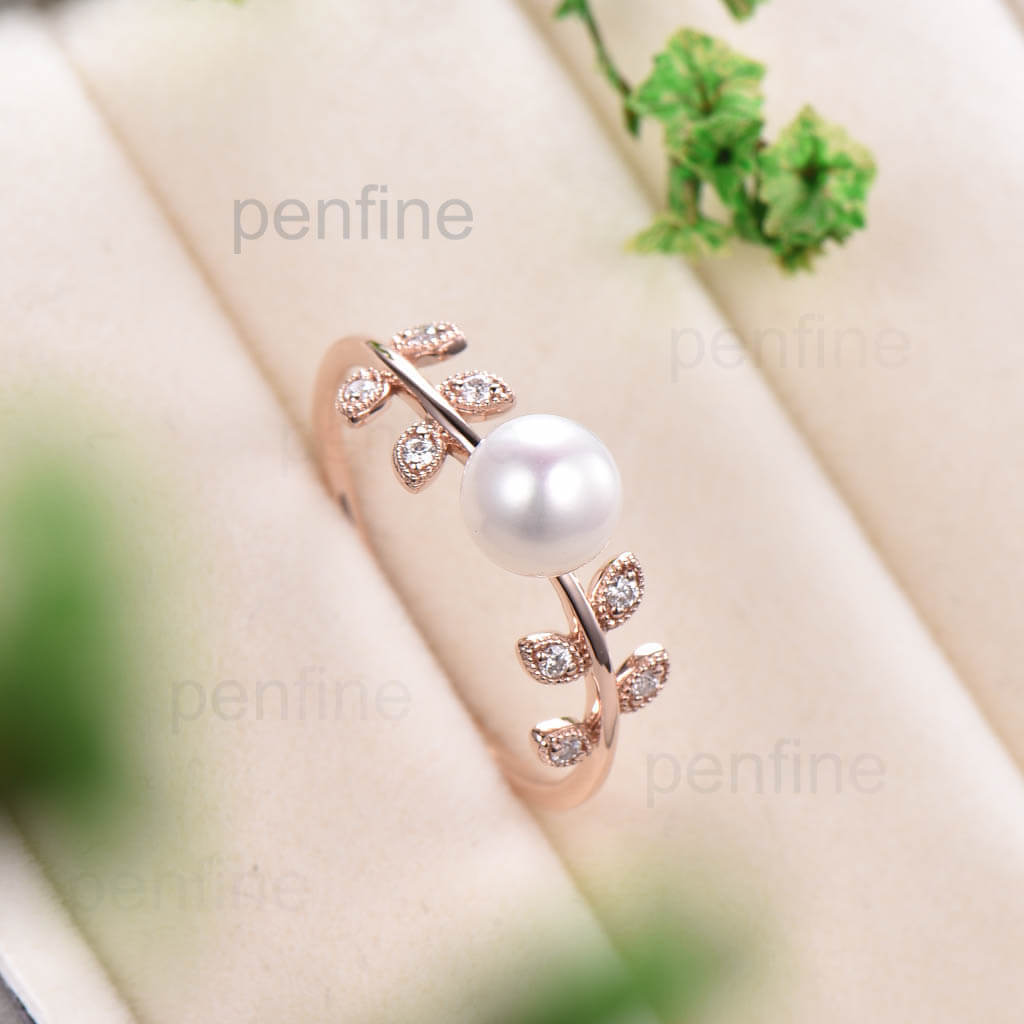 Dainty Leaf Pearl Engagement Ring - 14K Gold Moissanite Wedding Band for Women - Perfect for Bridal, Anniversary & Everyday Elegance