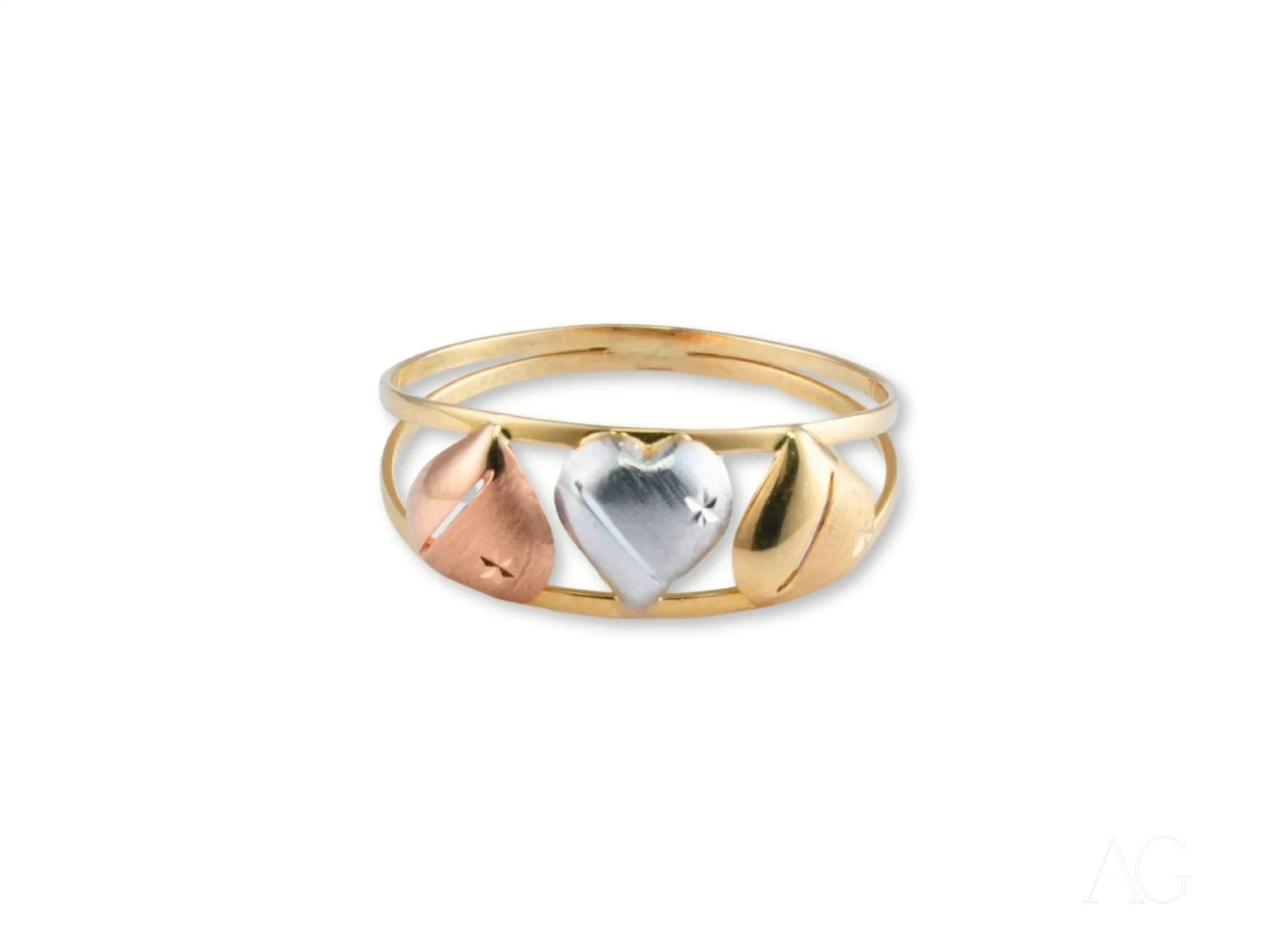 18K Tri-Tone Gold Three Hearts Ring - Elegant Stackable Jewelry for Women, Perfect for Valentine's Day, Anniversary & Romantic Gifts