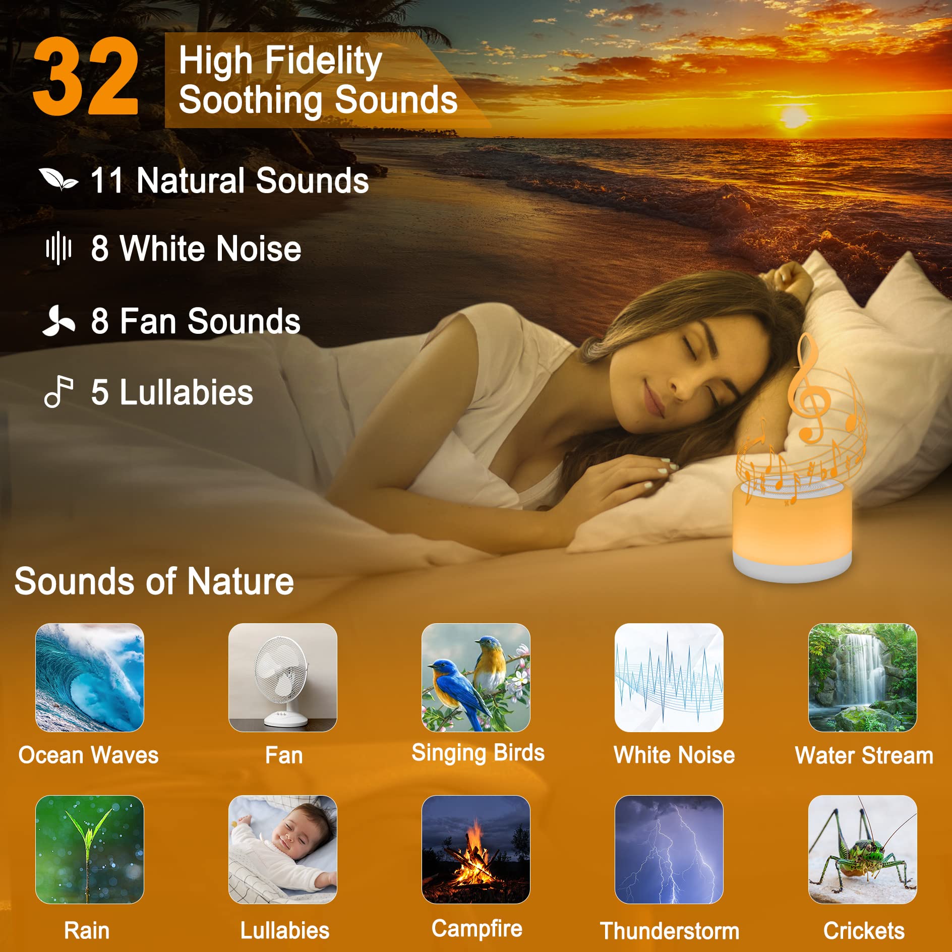 Winshine Touch Wake Up Night Light & White Noise Machine - RGB 3-Way Dimmable Bedside Lamp with Alarm Clock, Timer, 32 Soothing Sounds & 7 Color Lights for Nursery, Bedroom, Office | Perfect for Kids Sleep, Relaxation & Nighttime Feeding
