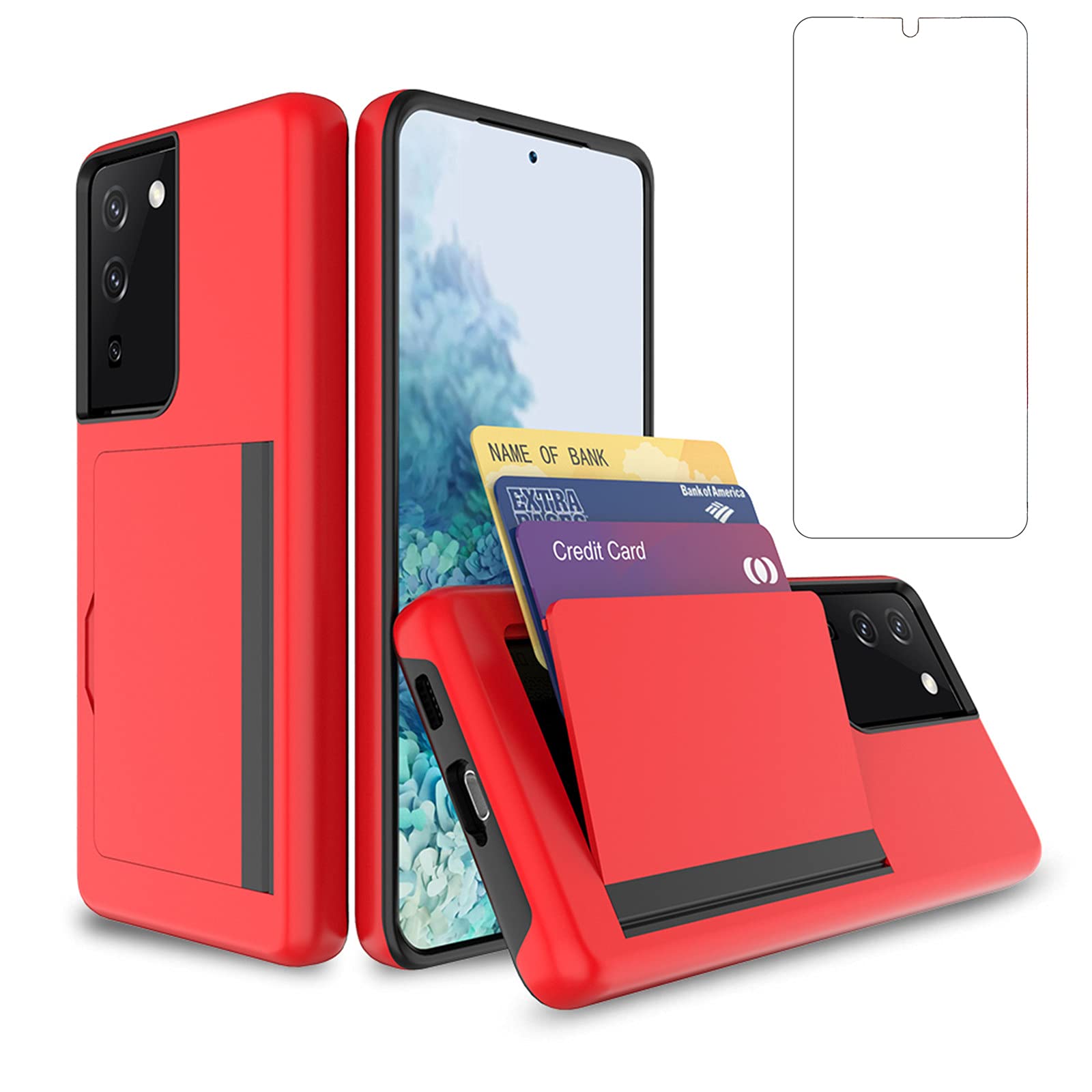 **Asuwish Samsung Galaxy S21 5G Case with Tempered Glass Screen Protector & Credit Card Holder – 6.2 Inch Shockproof Phone Cover with Kickstand for Galaxy S21 5G/4G (Red) – Perfect for Work, Travel, and Everyday Protection**
