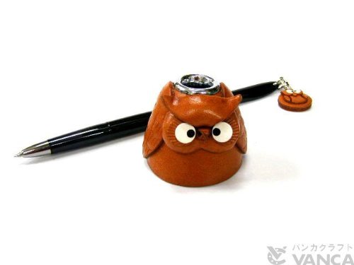 VANCA Handmade Owl Genuine Leather Animal Desk Single Pen Stand - Japanese Craftsmanship for Office & Home Decor