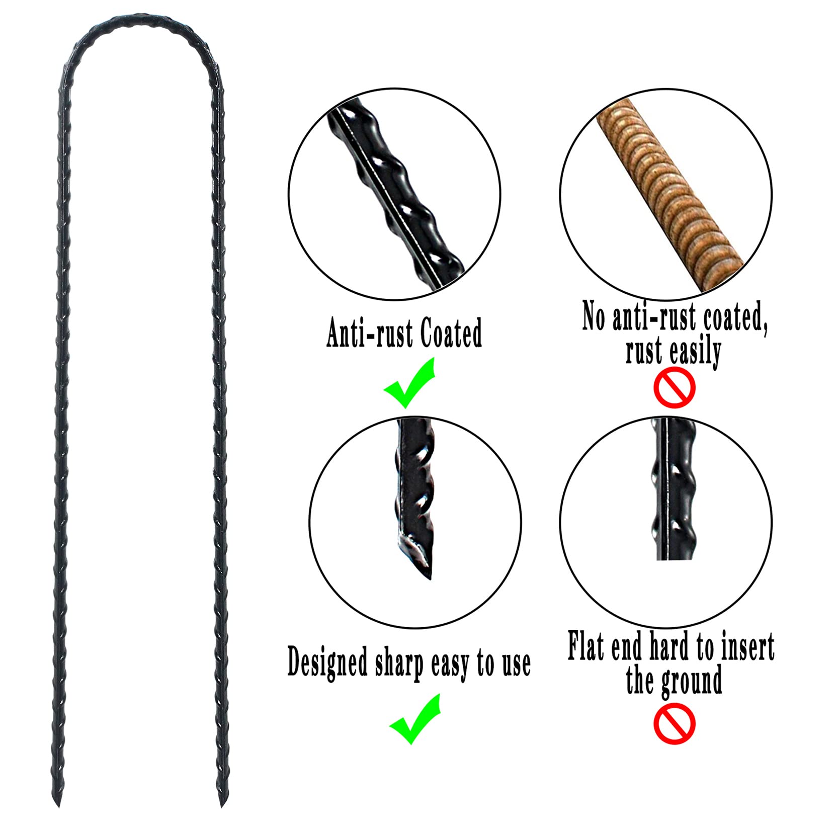 DTANX 12 Pack 12 Inch Heavy Duty Rebar Stakes - Black Steel Ground Anchors for Trampoline, Garden, Tent & Outdoor Use | Secure Anchoring for Windy Conditions & Uneven Terrain