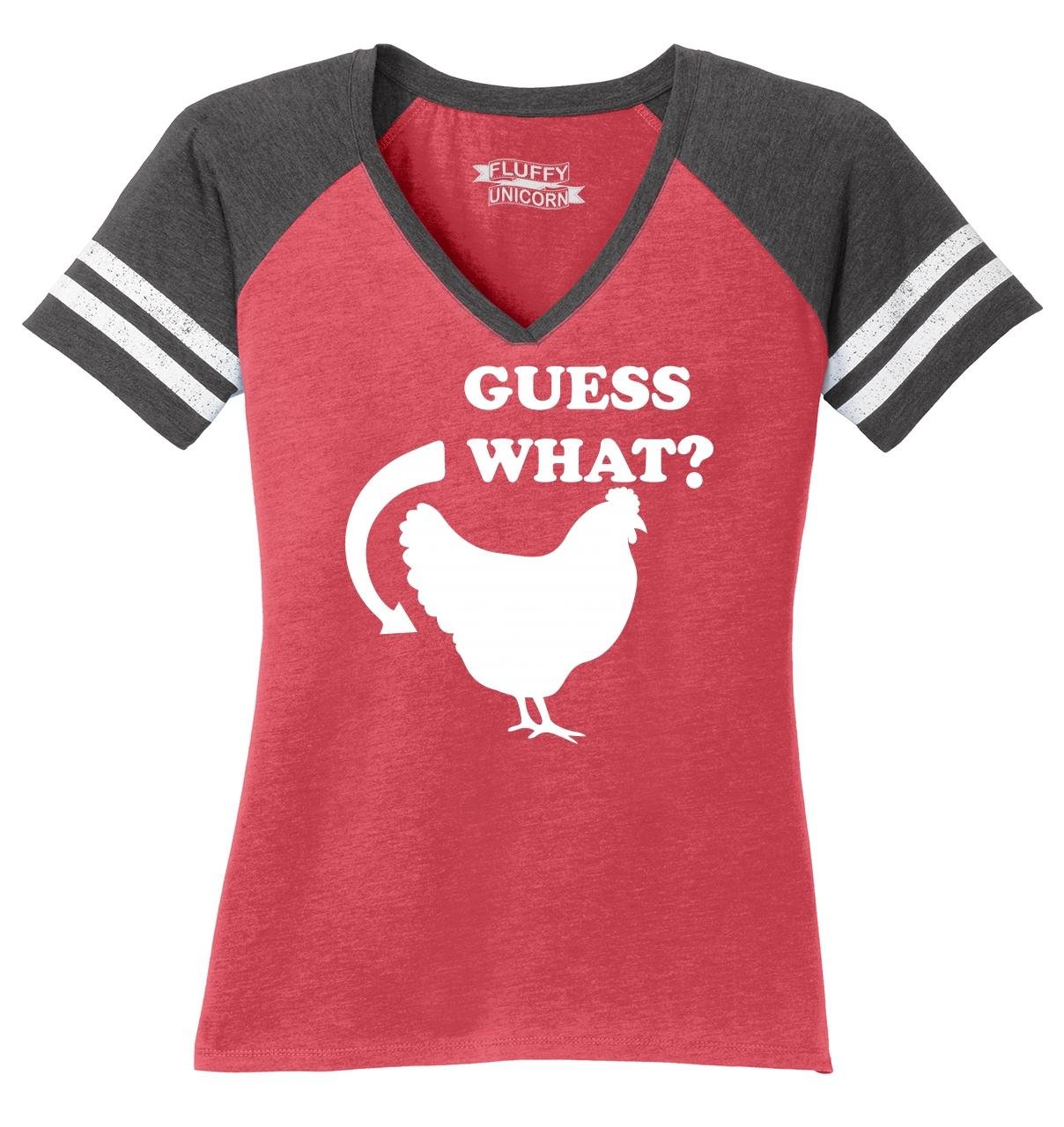 Funny Women's Graphic Tee - Guess What? Chicken Butt Humor V-Neck T-Shirt for Casual Wear & Cocktail Parties | Cute Comedy Gift for Friends