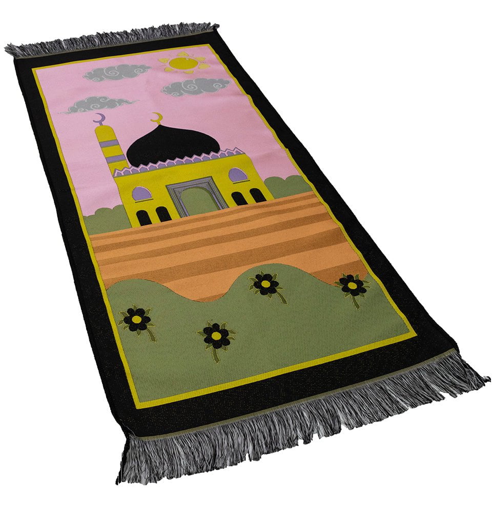 Kids Islamic Prayer Rug - Floral Masjid Design in Black & Pink | Perfect for Home, Mosque & Travel | Soft & Lightweight Prayer Mat for Children