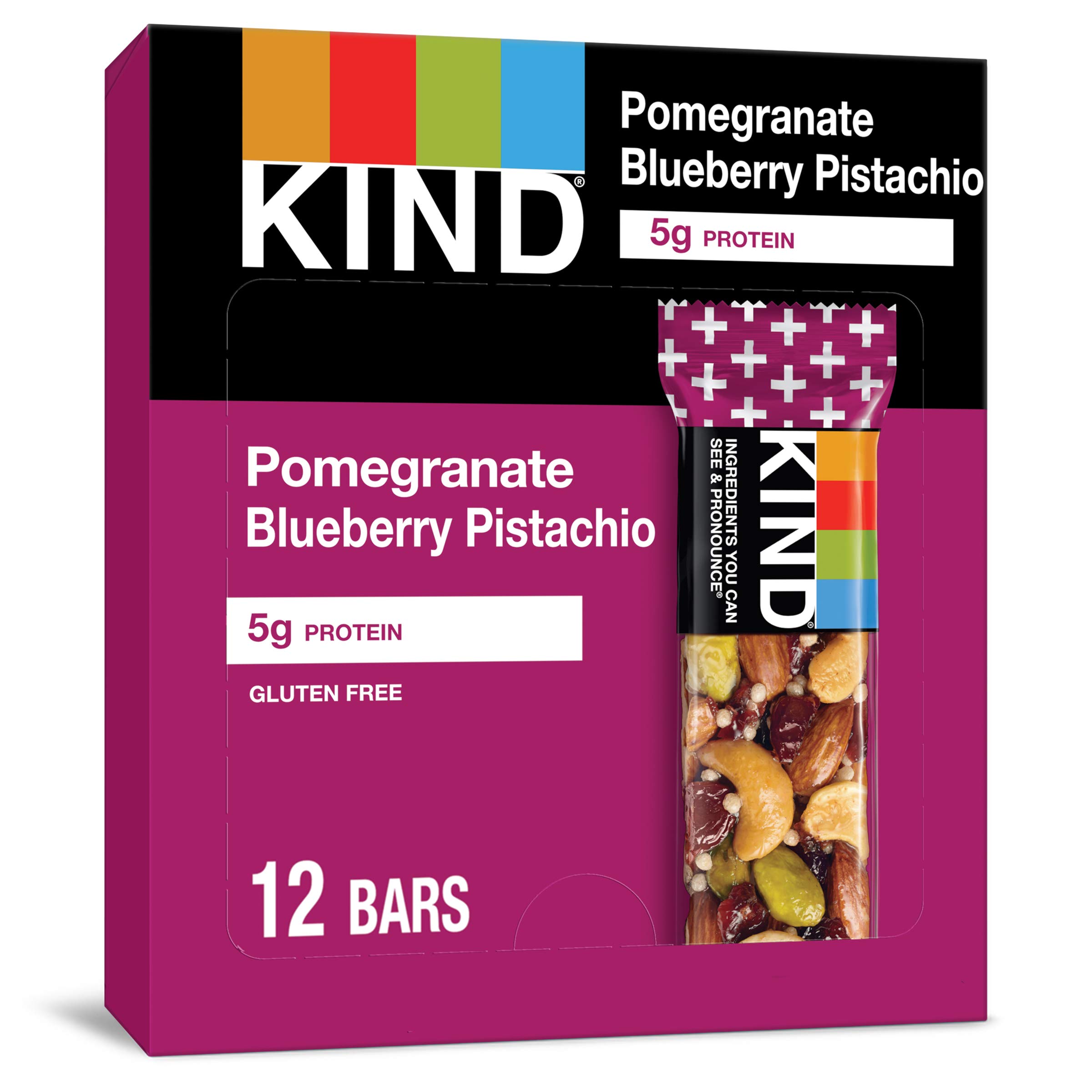 KIND Bars, Pomegranate Blueberry Pistachio - Healthy Gluten Free Snack Bars with 5g Protein (12 Count) - Perfect for On-the-Go Breakfast, Workout Fuel & Office Snacks