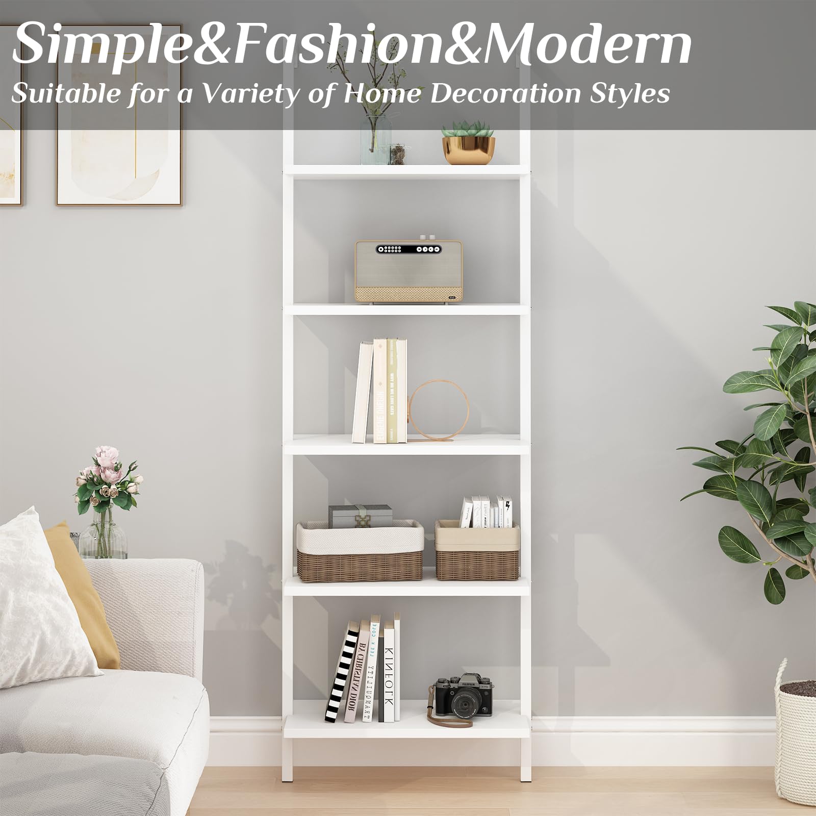 5-Tier Wall Mounted Ladder Shelf - White Metal Frame Bookcase with Open Design for Living Room, Bedroom, Office & Home Decor - 23.62
