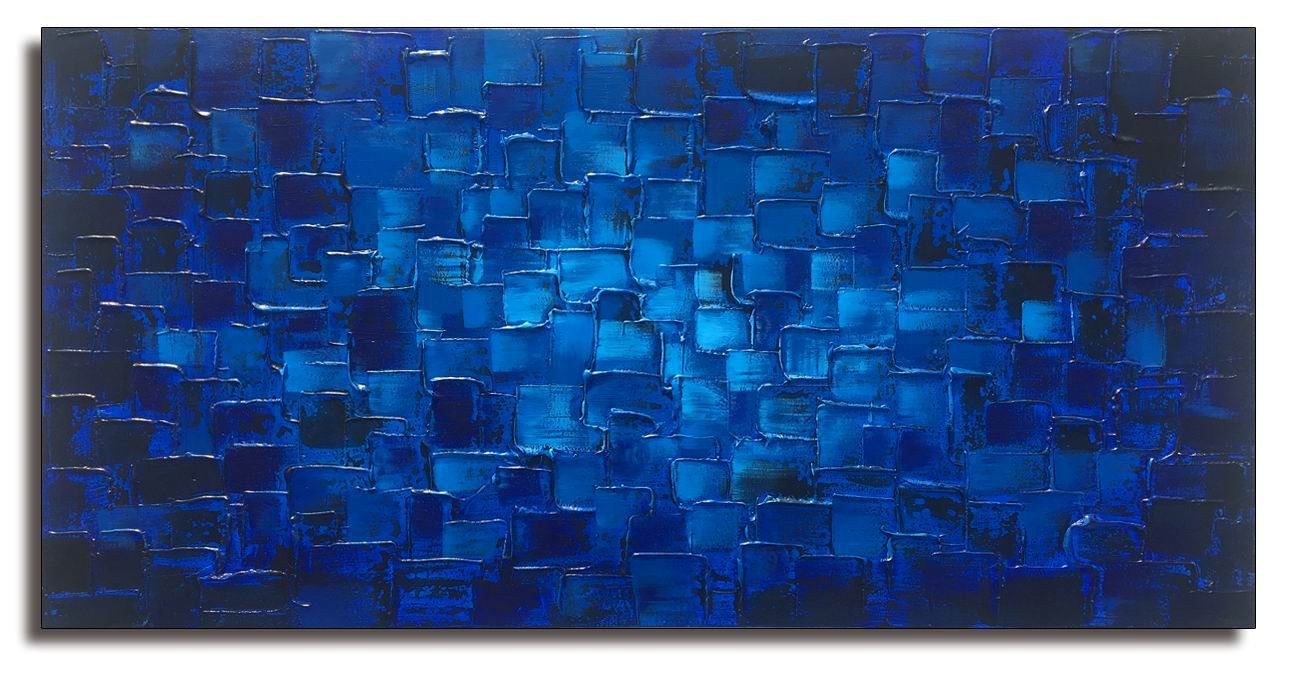 Large Abstract Dark Blue Square Wall Art - Hand Painted Textured Oil Painting on Canvas (60x30 inches) Ready to Hang - Perfect for Living Room, Bedroom & Office Decor