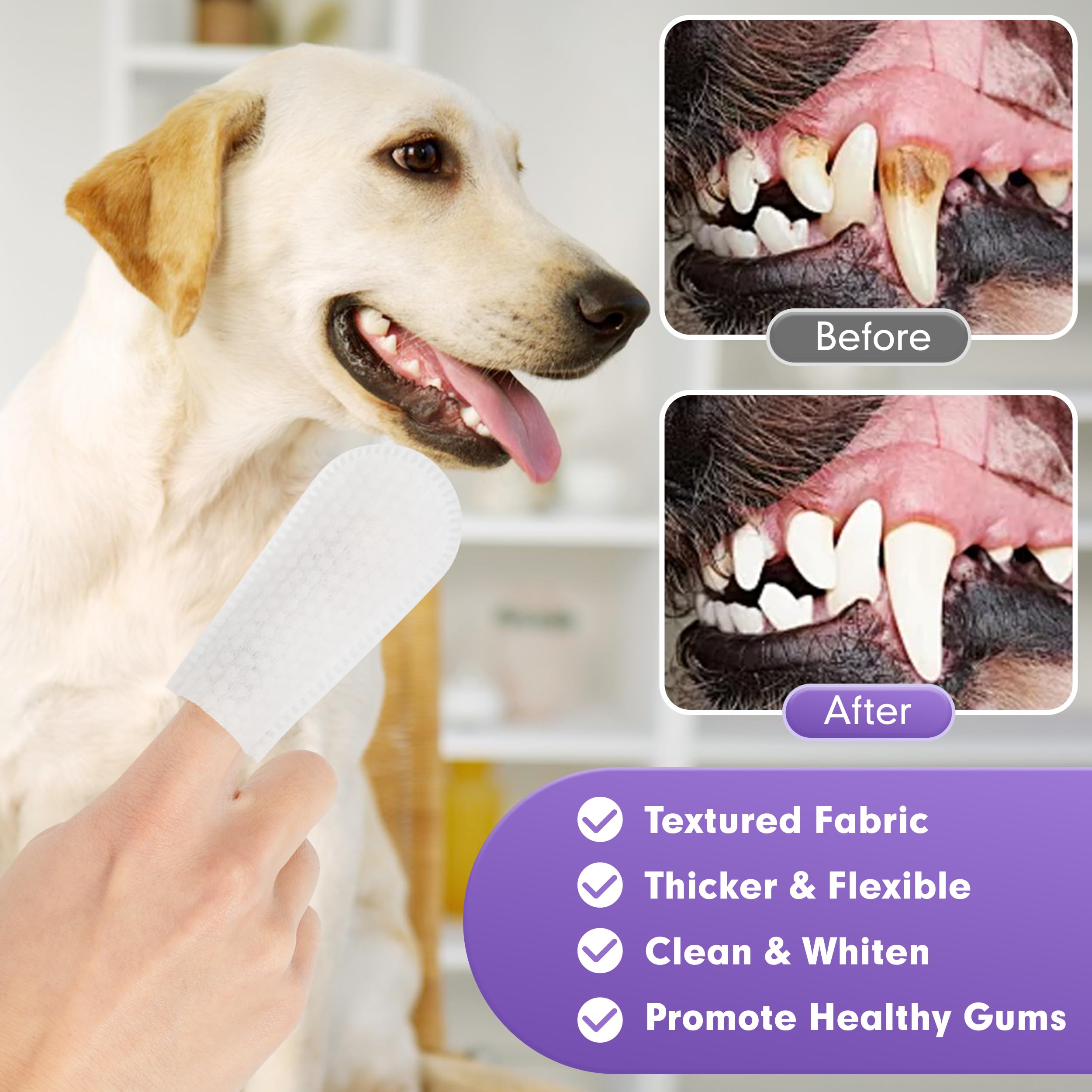 Cyeollo Dog Dental Wipes for Teeth Cleaning - 50 Count Pet Finger Wipes to Reduce Plaque & Tartar, Freshen Breath - No-Rinse Toothbrush Alternative for Dogs & Cats - Gentle Gum Care for Daily Oral Hygiene at Home or Travel