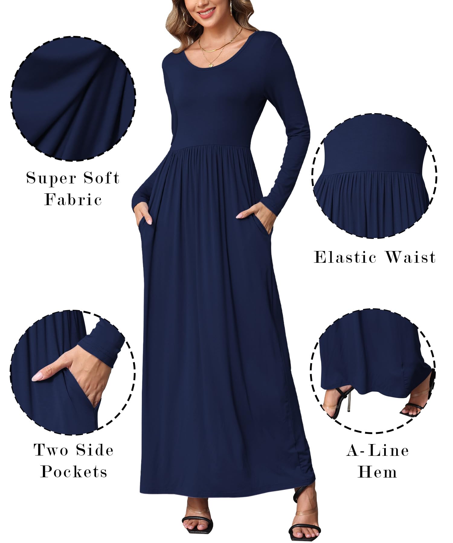 EUOVMY Women's Long Sleeve Maxi Dress - Loose Fit Casual Long Dresses with Pockets for Everyday Wear, Beach Cover Up & Travel Outfits